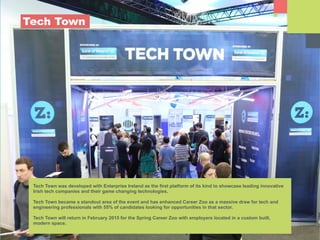 Tech Town
Tech Town was developed with Enterprise Ireland as the first platform of its kind to showcase leading innovative
Irish tech companies and their game changing technologies.
!
Tech Town became a standout area of the event and has enhanced Career Zoo as a massive draw for tech and
engineering professionals with 55% of candidates looking for opportunities in that sector.
!
Tech Town will return in February 2015 for the Spring Career Zoo with employers located in a custom built,
modern space.
 
