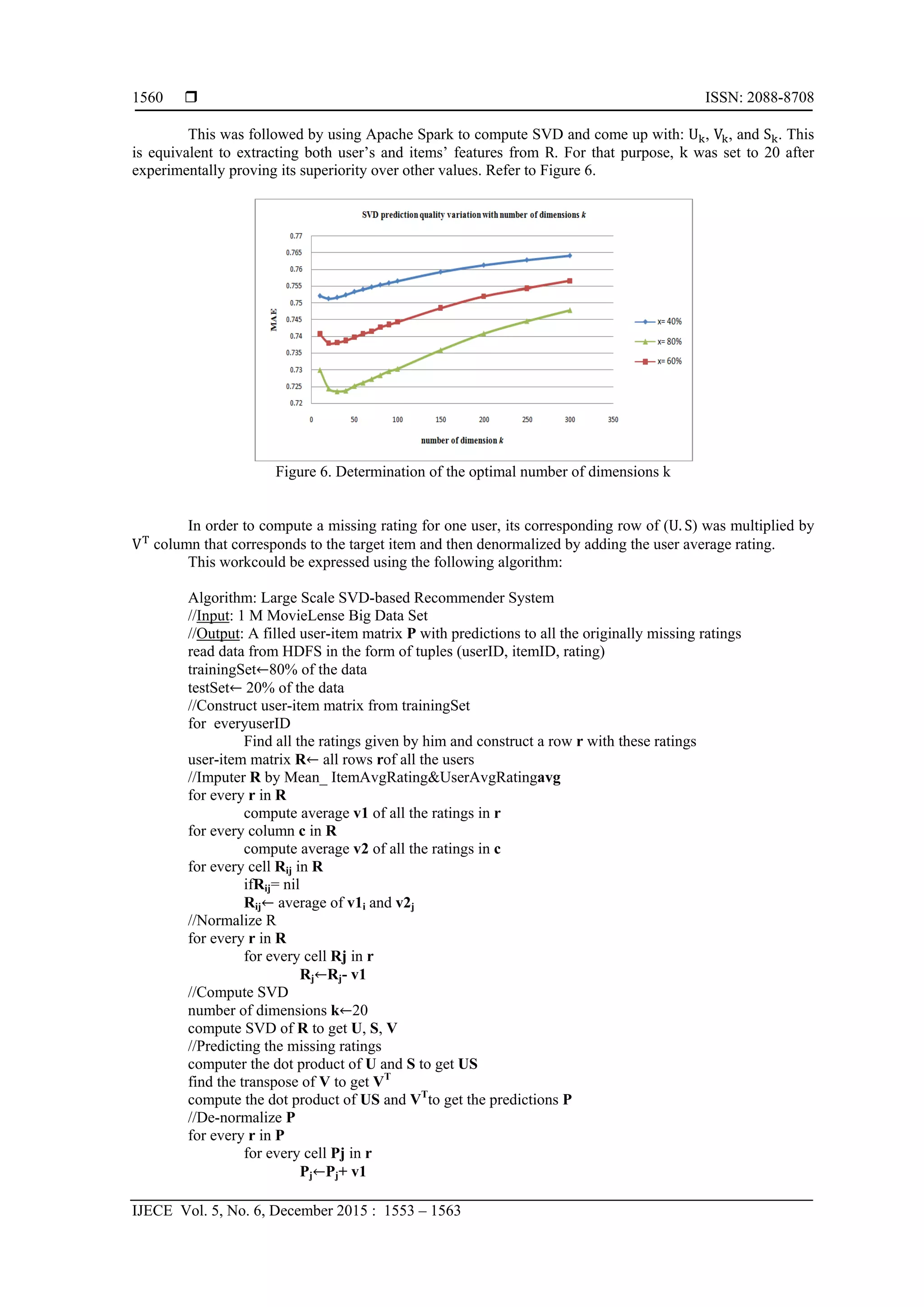  ISSN: 2088-8708
IJECE Vol. 5, No. 6, December 2015 : 1553 – 1563
1560
This was followed by using Apache Spark to compute SVD and come up with: U , V , and S . This
is equivalent to extracting both user’s and items’ features from R. For that purpose, k was set to 20 after
experimentally proving its superiority over other values. Refer to Figure 6.
Figure 6. Determination of the optimal number of dimensions k
In order to compute a missing rating for one user, its corresponding row of (U. S) was multiplied by
V column that corresponds to the target item and then denormalized by adding the user average rating.
This workcould be expressed using the following algorithm:
Algorithm: Large Scale SVD-based Recommender System
//Input: 1 M MovieLense Big Data Set
//Output: A filled user-item matrix P with predictions to all the originally missing ratings
read data from HDFS in the form of tuples (userID, itemID, rating)
trainingSet←80% of the data
testSet← 20% of the data
//Construct user-item matrix from trainingSet
for everyuserID
Find all the ratings given by him and construct a row r with these ratings
user-item matrix R← all rows rof all the users
//Imputer R by Mean_ ItemAvgRating&UserAvgRatingavg
for every r in R
compute average v1 of all the ratings in r
for every column c in R
compute average v2 of all the ratings in c
for every cell Rij in R
ifRij= nil
Rij← average of v1i and v2j
//Normalize R
for every r in R
for every cell Rj in r
Rj←Rj- v1
//Compute SVD
number of dimensions k←20
compute SVD of R to get U, S, V
//Predicting the missing ratings
computer the dot product of U and S to get US
find the transpose of V to get VT
compute the dot product of US and VT
to get the predictions P
//De-normalize P
for every r in P
for every cell Pj in r
Pj←Pj+ v1
 