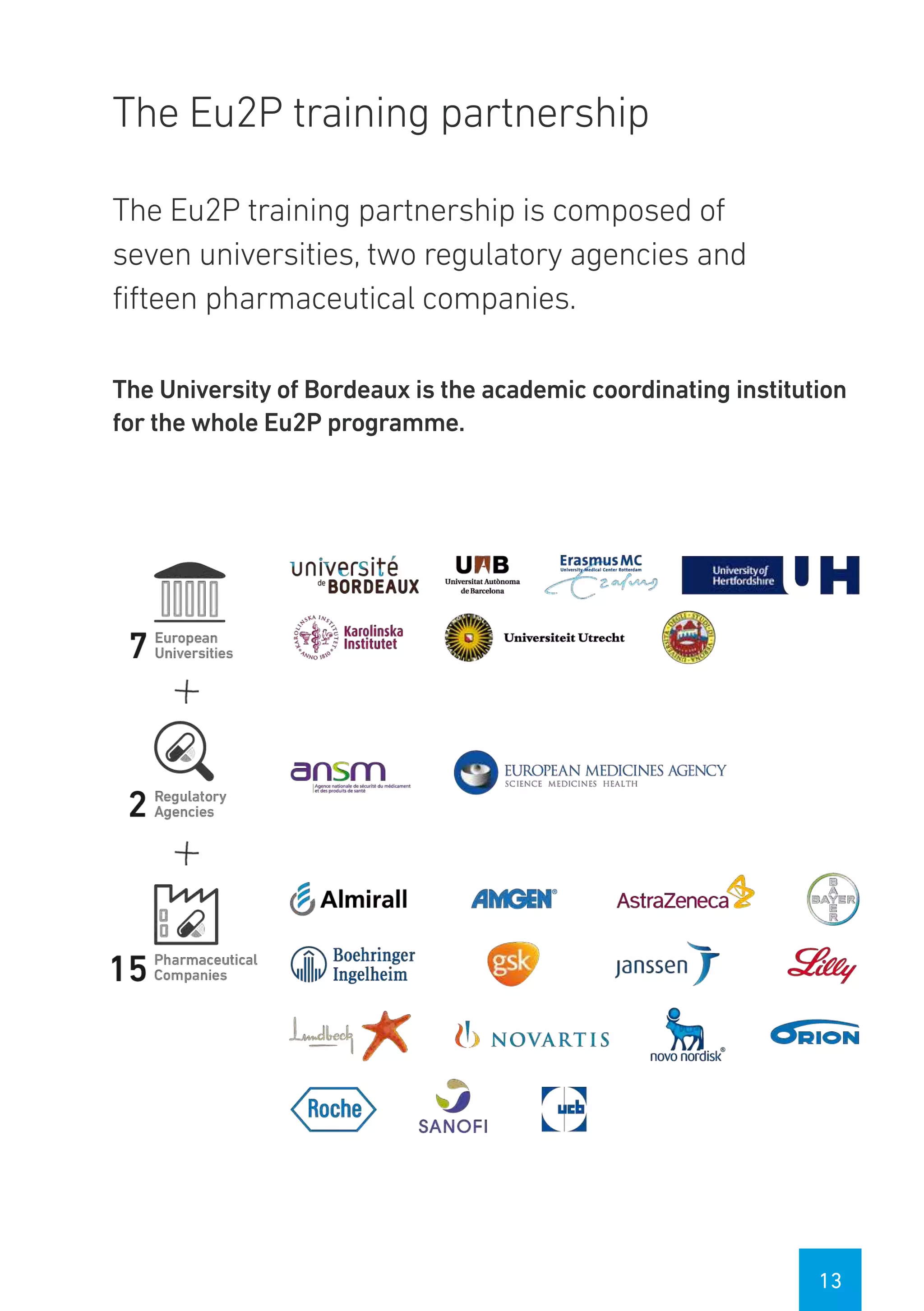 13
The Eu2P training partnership
The Eu2P training partnership is composed of
seven universities, two regulatory agencies and
fifteen pharmaceutical companies.
The University of Bordeaux is the academic coordinating institution
for the whole Eu2P programme.
 