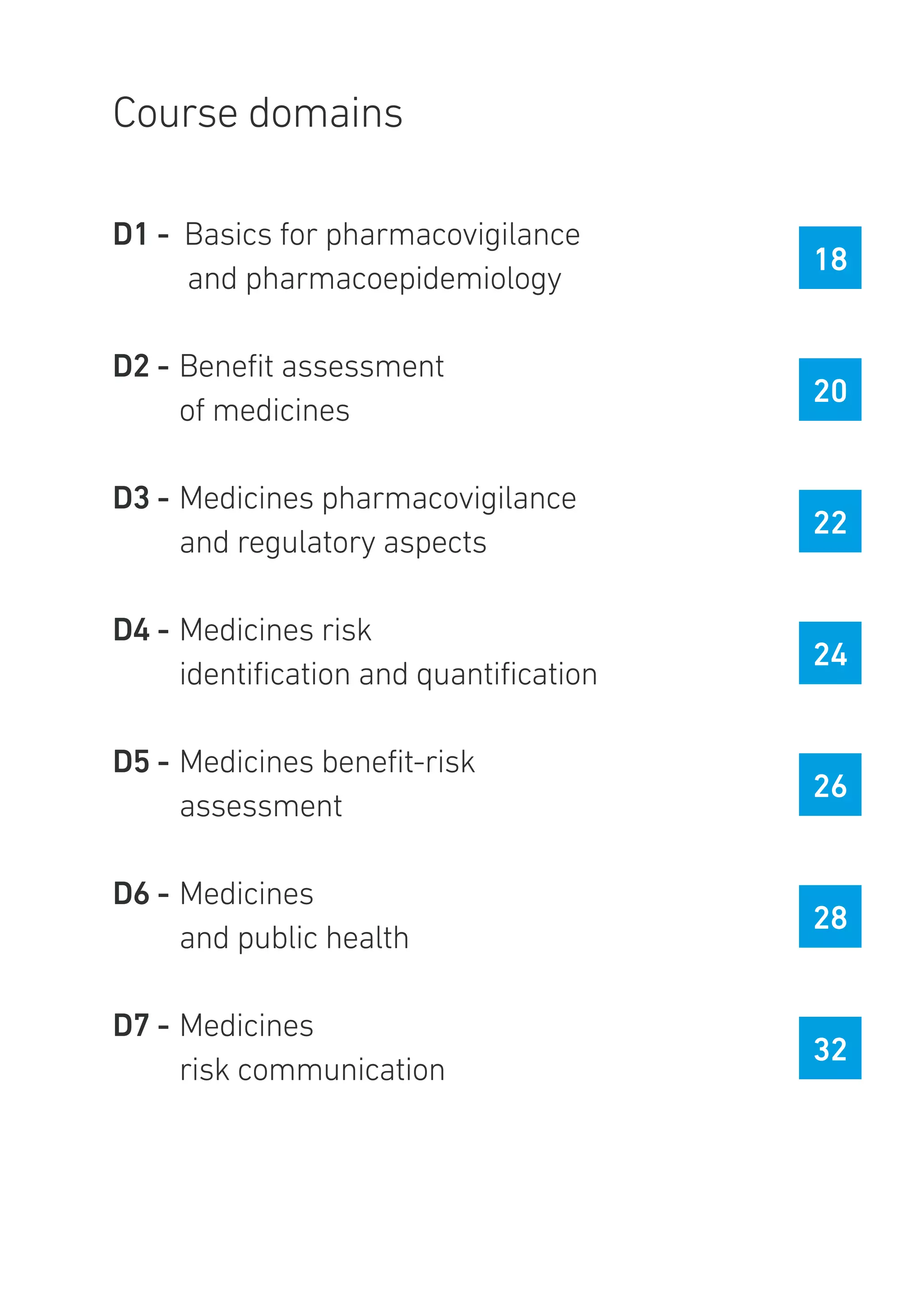 Course domains
D1 - Basics for pharmacovigilance
and pharmacoepidemiology
D2 -	Benefit assessment
	 of medicines
D3 -	Medicines pharmacovigilance
	 and regulatory aspects
D4 -	Medicines risk
	 identification and quantification
D5 -	Medicines benefit-risk
	assessment
D6 -	Medicines
	 and public health
D7 -	Medicines
	 risk communication
18
20
22
24
26
28
32
 