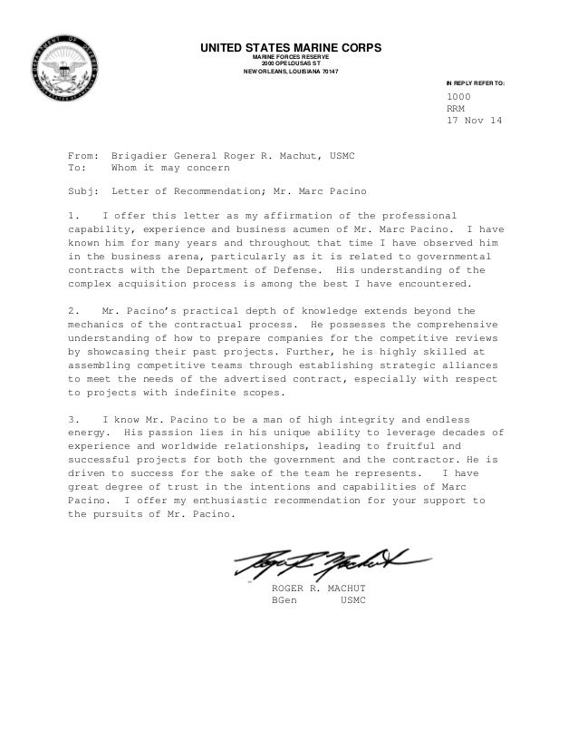 bg roger machut recomendation letter for marc pacino usmc letter of recommendation