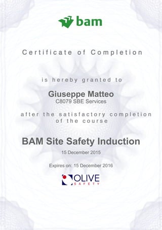 Giuseppe Matteo
C8079 SBE Services
BAM Site Safety Induction
15 December 2015
Expires on: 15 December 2016
Powered by TCPDF (www.tcpdf.org)
 