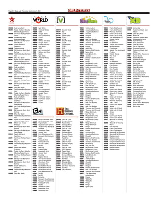 Page 10 • timeout• Thursday, September 6, 2012
0500 Ruk Jana Nahi
0530 Pyaar Ka Dard Meetha
Meetha Pyara Pyara
0600 Iss Pyaar Ko Kya Naam
Doon
0630 Awakening With
Brahmakumari
0700 Ek Dusre Se Karte Hai
Hum Pyaar
0730 Saath Nibhana
Saathiya
0800 Teleshopping
0900 Ek Hazaron Main Meri
Behna
0930 Yeh Rishta Kya Kehlata
Hai
1000 Diya Aur Baati
1030 Pyaar Ka Dard Meetha
Meetha Pyara Pyara
1130 Iss Pyaar Ko Kya Naam
Doon
1200 Ruk Jana Nahi
1230 Saath Nibhana
Saathiya
1300 Yeh Rishta Kya Kehlata
Hai
1430 Ek Dusre Se Karte Hai
Hum Pyaar
1500 Iss Pyaar Ko Kya Naam
Doon
1530 Ek Hazaron Main Meri
Behna
1600 Diya Aur Baati
1630 Yeh Rishta Kya Kehlata
Hai
1700 Pyaar Ka Dard Meetha
Meetha Pyara Pyara
1730 Ruk Jana Nahi
1800 Saath Nibhana
Saathiya
1830 Ek Dusre Se Karte Hai
Hum Pyaar
1900 Iss Pyaar Ko Kya Naam
Doon
1930 Ek Hazaron Main Meri
Behna
2000 Diya Aur Baati
2030 Yeh Rishta Kya Kehlata
Hai
2100 Pyaar Ka Dard Meetha
Meetha Pyara Pyara
2130 Mann kee Awaaz
Pratigya
2200 Ek Hazaron Main Meri
Behna
2230 Ek Dusre Se Karte Hai
Hum Pyaar
2300 Saath Nibhana
Saathiya
2330 Iss Pyaar Ko Kya Naam
Doon
0000 Diya Aur Baati
0030 Yeh Rishta Kya Kehlata
Hai
0100 Mann kee Awaaz
Pratigya
0130 Pyaar Ka Dard Meetha
Meetha Pyara Pyara
0200 Iss Pyaar Ko Kya Naam
Doon
0230 Ek Dusre Se Karte Hai
Hum Pyaar
0300 Ek Hazaron Main Meri
Behna
0330 Saath Nibhaana
Saathiya
0400 Yeh Rishta Kya Kehlata
Hai
0430 Diya Aur Baati
0500 Ugly Betty
0540 Criminal Minds
0620 COPS
0640 Cougar Town
0700 Gary Unmarried
0720 90210
0800 Castle
0840 Melissa and Joey
0900 Cougar Town
0920 Private Practice
1000 Ugly Betty
1040 COPS
1100 Gary Unmarried
1120 Melissa and Joey
1140 Castle
1220 Ugly Betty
1300 Criminal Minds
1340 COPS
1400 90210
1440 Private Practice
1520 Melissa and Joey
1540 Cougar Town
1600 Castle
1640 Criminal Minds
1720 Gary Unmarried
1740 90210
1820 Melissa and Joey
1840 Ugly Betty
1920 Private Practice
2000 90210
2040 Criminal Minds
2120 Castle
2220 Scrubs
2240 Gary Unmarried
2300 Criminal Minds
2340 Cougar Town
0215 Fillers
0240 Brothers& Sisters
0320 Brothers& Sisters
0400 90210
0440 90210
0505 Ben 10 Ultimate Alien
0530 Ben 10 Ultimate Alien
0555 Angelo Rules
0625 Casper’s Scare School
0700 The Amazing World Of
Gumball
0715 Adventure Time
0740 Johnny Test
0805 Grim Adventures Of...
0945 Bakugan Mechtanium
Surge
1010 Young Justice
1035 Powerpuff Girls
1215 Ed, Edd n Eddy
1305 Ben 10
1355 Eliot Kid
1445 Angelo Rules
1535 Powerpuff Girls
1640 Johnny Test
1700 Level Up
1730 Regular Show
1820 Total Drama Island
1845 Total Drama Island
1910 Adventure Time
1935 Generator Rex
2000 Ben 10 Alien Force
2025 Ben 10 Alien Force
2050 Ben 10 Alien Force
2115 Grim Adventures Of...
2250 Ben 10
2315 Ben 10
2340 Chowder
0030 Bakugan New Vestroia
0055 Bakugan New Vestroia
0120 Powerpuff Girls
0325 Ben 10
0350 Adventure Time
0415 Powerpuff Girls
0440 Generator Rex
0500 Double Shot
0530 XO
0630 LOOP
0730 The Playlist
0800 TOP 5
0830 LOOP
0930 Double Shot
1000 LOOP
1100 The Playlist
1130 TOP 5
1200 [V]S
1300 Double Shot
1330 XO
1430 LOOP
1530 The Playlist
1600 TOP 5
1630 [V]S
1730 Double Shot
1800 LOOP
1900 The Playlist
1930 TOP 5
2000 [V]S
2100 Double Shot
2130 XO
2230 LOOP
2330 The Playlist
0000 [V]S
0100 TOP 5
0130 Double Shot
0200 LOOP
0300 The Playlist
0330 TOP 5
0400 [V]S
0500 Lock N’ Load
0600 Ancient Aliens
0700 Pawn Stars
0730 Storage Wars
0800 UFO Hunters
0900 Lock N’ Load
1000 Pawn Stars
1030 Storage Wars
1100 Ancient Aliens
1200 Swamp People
1300 Top Shot
1400 Lock N’ Load
1500 UFO Hunters
1600 Swamp People
1700 Top Shot
1800 Lock N’ Load
1900 UFO Hunters
2000 Pawn Stars
2030 Storage Wars
2100 Ancient Aliens
2200 Ice Road Truckers
2300 Ax Men
0000 Pawn Stars
0030 Storage Wars
0100 Ancient Aliens
0200 Ice Road Truckers
0300 Ax Men
0400 UFO Hunters
0510 Anthony Ant
0535 Angelina Ballerina
0600 Angelina Ballerina
0615 Oswald
0630 Dragon
0642 Dragon
0655 Bob The Builder
0705 Thomas And Friends
0710 Thomas And Friends
0715 Mumuhug
0720 Kipper
0730 Wild Life
0740 Barney And Friends
0805 Igloo-Gloo
0817 Lots & Lots Of...
0955 Jarmies
1010 Danny & Daddy Duet
1015 Pingu
1020 Pingu
1025 Benjamin’s Farm
1030 Benjamin’s Farm
1035 Baby Antonio’s Circus
1040 Zoo Mix
1044 Zoo Mix
1200 Benjamin’s Farm
1205 Barney And Friends
1230 Mega Minimals
1237 Mega Minimals
1245 Jarmies
1300 Igloo-Gloo
1312 Lots & Lots Of...
1325 See The Sea
1330 My Animal Family
1345 Benjamin’s Farm
1350 Angelina Ballerina
1405 Oswald
1420 Dragon
1432 Dragon
1445 Barney And Friends
1510 Mumuhug
1515 Bob The Builder
1740 Kipper
1750 Bob The Builder
1800 Thomas And Friends
1805 Thomas And Friends
1951 Mega Minimals
1957 See The Sea
2000 My Animal Family
2015 Benjamin’s Farm
2020 My Animal Family
2110 Kipper
2120 Mega Minimals
2127 Mega Minimals
2135 Pingu
2210 Barney And Friends
2235 Kipper
2310 Anthony Ant
2335 Angelina Ballerina
2346 Oswald
0000 Barney And Friends
0025 Bob The Builder
0035 Thomas And Friends
0045 Mumuhug
0050 See The Sea
0055 My Animal Family
0110 Benjamin’s Farm
0115 My Animal Family
0125 Barney And Friends
0150 Lots & Lots Of...
0203 Igloo-Gloo
0215 Anthony Ant
0240 Angelina Ballerina
0252 Oswald
0305 Dragon
0317 Dragon
0330 Barney And Friends
0355 Bob The Builder
0405 Thomas And Friends
0415 The Magic Key
Adventures
0425 Kipper
0435 Wild Life
0440 Wild Life
0445 Pingu
0450 Pingu
0455 Igloo-Gloo
0510 Fairly Odd Parents
0535 Fairly Odd Parents
0600 Phineas And Ferb
0615 Suite Life On Deck
0640 Suite Life On Deck
0705 The Adventures Of
Disney Fairies
0730 Recess
0755 So Random
0820 Timon And Pumbaa
0845 Mickey Mouse
Clubhouse
0910 Jake & The Neverland
Pirates
0925 Handy Manny
0935 The Hive
0945 Mouk
1000 Jonas
1025 So Random
1050 Hannah Montana
1115 Fish Hooks
1125 Fish Hooks
1140 Kim Possible
1205 Shake It Up
1255 Phineas And Ferb
1320 Timon And Pumbaa
1345 Suite Life On Deck
1410 Suite Life On Deck
1435 Suite Life On Deck
1500 Austin And Ally
1525 Shake It Up
1550 Phineas And Ferb
1615 Jessie
1640 Good Luck Charlie
1700 Good Luck Charlie
1730 Wizards Of Waverly
Place
1755 Suite Life On Deck
1820 Austin And Ally
1845 Phineas And Ferb
1910 A.N.T. Farm
1935 Good Luck Charlie
2000 Jessie
2025 Suite Life On Deck
2050 Suite Life On Deck
2115 Jonas
2140 Jonas
2205 Good Luck Charlie
2230 Good Luck Charlie
2255 Wizards Of Waverly
Place
2320 Wizards Of Waverly
Place
2345 Kim Possible
0010 Fairly Odd Parents
0035 Fairly Odd Parents
0100 Brandy & Mr Whiskers
0125 Brandy & Mr Whiskers
0150 Replacements
0215 Replacements
0240 Emperor’s New School
0305 Emperor’s New School
0330 Brandy & Mr Whiskers
0355 Brandy & Mr Whiskers
0420 Replacements
0445 Replacements
0600 Kid vs Kat
0615 Pokemon Black And
White
0640 Zeke & Luther
0705 Kickin It
0730 Ultimate Spider-Man
0755 Phineas And Ferb
0820 Pair Of Kings
0845 Kick Buttowski
0910 Zeke & Luther
0935 I’m In The Band
1000 Scaredy Squirrel
1025 Pokemon Black And
White
1050 Rated A For Awesome
1115 Aaron Stone
1140 Rekkit Rabbit
1205 American Dragon
1230 Kick Buttowski
1255 Kid vs Kat
1320 Pair Of Kings
1345 Zeke & Luther
1410 Kid vs Kat
1435 I’m In The Band
1500 Phineas And Ferb
1525 Scaredy Squirrel
1550 Rated A For Awesome
1615 Lab Rats
1640 Pair Of Kings
1705 Mr. Young
1730 Kickin It
1800 Kick Buttowski
1825 Zeke & Luther
1850 Phineas And Ferb
1915 Phineas And Ferb
1940 I’m In The Band
2005 Zeke & Luther
2030 Zeke & Luther
2055 Phineas And Ferb
2120 Mr. Young
2145 Rated A For Awesome
2210 Kick Buttowski
2235 Kid vs Kat
 