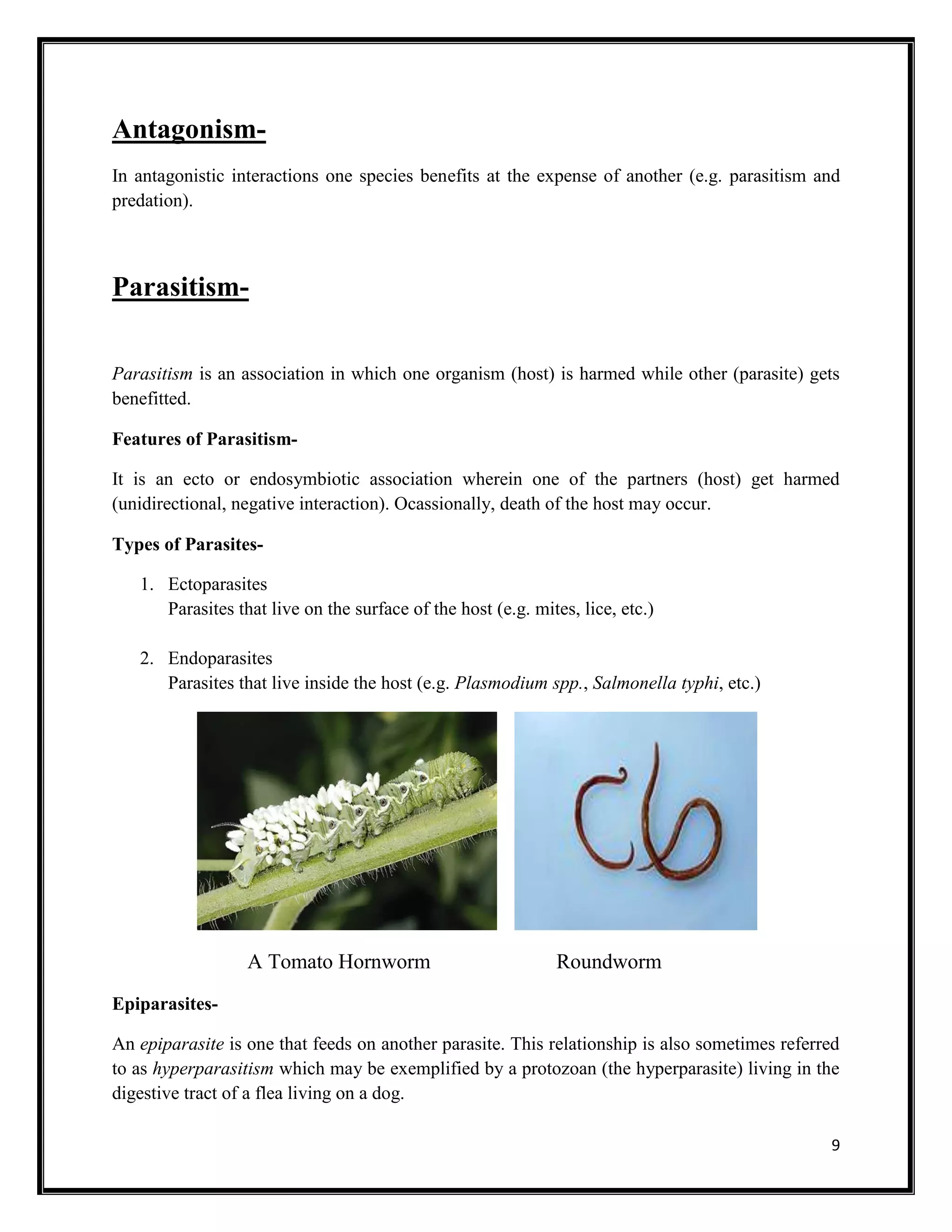 9
Antagonism-
In antagonistic interactions one species benefits at the expense of another (e.g. parasitism and
predation).
Parasitism-
Parasitism is an association in which one organism (host) is harmed while other (parasite) gets
benefitted.
Features of Parasitism-
It is an ecto or endosymbiotic association wherein one of the partners (host) get harmed
(unidirectional, negative interaction). Ocassionally, death of the host may occur.
Types of Parasites-
1. Ectoparasites
Parasites that live on the surface of the host (e.g. mites, lice, etc.)
2. Endoparasites
Parasites that live inside the host (e.g. Plasmodium spp., Salmonella typhi, etc.)
A Tomato Hornworm Roundworm
Epiparasites-
An epiparasite is one that feeds on another parasite. This relationship is also sometimes referred
to as hyperparasitism which may be exemplified by a protozoan (the hyperparasite) living in the
digestive tract of a flea living on a dog.
 