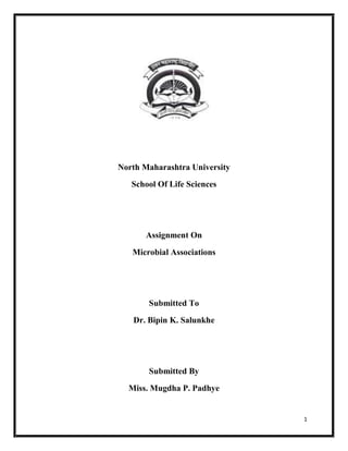 1
North Maharashtra University
School Of Life Sciences
Assignment On
Microbial Associations
Submitted To
Dr. Bipin K. Salunkhe
Submitted By
Miss. Mugdha P. Padhye
 