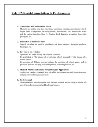 11
Role of Microbial Associations in Environment-
1. Associations with Animals and Plants
Microbes invariably enter into beneficial, sometimes essential, associations with all
higher forms of organisms, including insects, invertebrates, fish, animals and plants
and do various functions like; N2 fixation, food digestion, protection from other
pathogens, etc.
2. Production of Foods and Fuels
Several microbes are used in manufacture of dairy products, fermented products,
beverages, etc.
3. Key role in Co-evolution
Symbiosis is a major driving force behind evolution.
Co-evolution is “the change of a biological object triggered by the change of a
related object.”
Co-evolution of different species includes the evolution of a host species and its
parasites, predator and prey, host and symbiont, host and parasites, etc.
4. Medical, Pharmaceutical and Biotechnological Applications
Antibiotics, vaccines produced from microbial associations are used for the treatment
and prevention of infectious diseases.
5. Basic research
These associated microbes can be used for basic research and the study of cellular life
as well as in Environmental and Ecological studies.
 