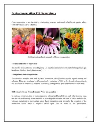 6
Proto-co-operation OR Synergism -
Protocooperation is any facultative relationship between individuals of different species where
both individuals derive a benefit.
Pollination is a classic example of Proto-co-operation
Features of Proto-co-operation-
It is mostly ectosymbiotic, non obligatory i.e. facultative interaction where both the partners get
benefitted (Bi-directional phenomenon).
Example of Proto-co-operation-
Desulfavibrio provides CO2 and H2S to Chromatium. Desulfavibrio require organic matter and
sulphate. These are produced by Chromatium by reduction of CO2 to O2 through photosynthesis
and oxidation of sulphide to sulphate. In this way, both partners provide nutrients to each other.
Difference between Mutualism and Proto-co-operation-
In proto-co-operarion, two or more organisms interact and benefit from each other in some way,
but that the relationship is not essential or even required in order for each to thrive and survive,
whereas mutualism is more reliant upon these interactions and normally the cessation of the
interaction would have a negative effect upon one or more of the participants.
 