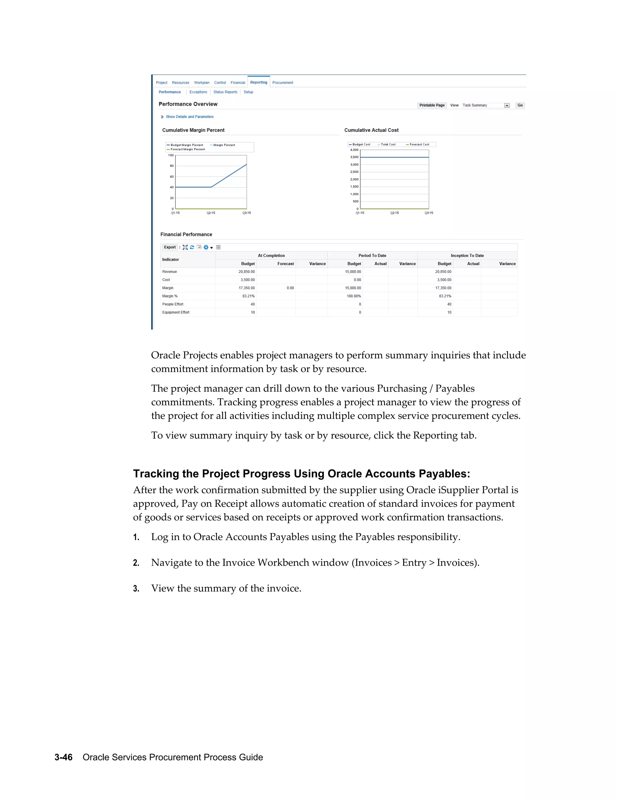 3-46    Oracle Services Procurement Process Guide
Oracle Projects enables project managers to perform summary inquiries that include
commitment information by task or by resource.
The project manager can drill down to the various Purchasing / Payables
commitments. Tracking progress enables a project manager to view the progress of
the project for all activities including multiple complex service procurement cycles.
To view summary inquiry by task or by resource, click the Reporting tab.
Tracking the Project Progress Using Oracle Accounts Payables:
After the work confirmation submitted by the supplier using Oracle iSupplier Portal is
approved, Pay on Receipt allows automatic creation of standard invoices for payment
of goods or services based on receipts or approved work confirmation transactions.
1. Log in to Oracle Accounts Payables using the Payables responsibility.
2. Navigate to the Invoice Workbench window (Invoices > Entry > Invoices).
3. View the summary of the invoice.
 