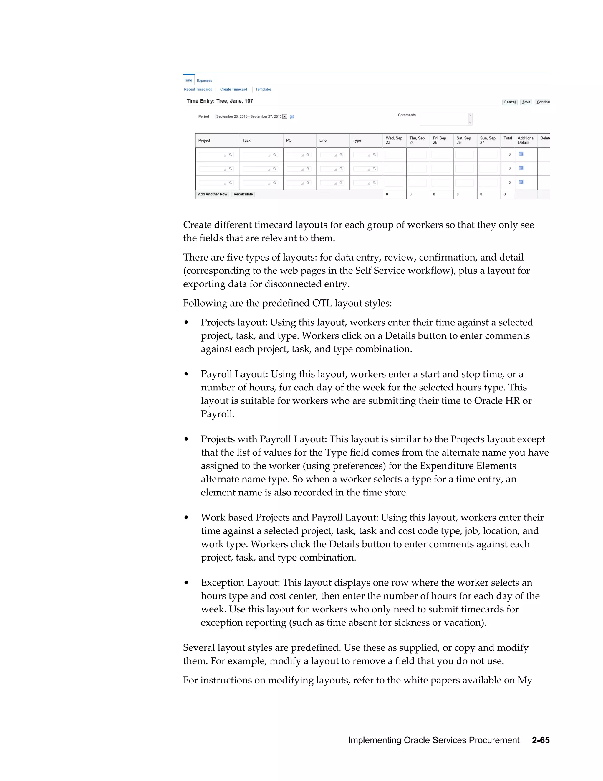 Implementing Oracle Services Procurement     2-65
Create different timecard layouts for each group of workers so that they only see
the fields that are relevant to them.
There are five types of layouts: for data entry, review, confirmation, and detail
(corresponding to the web pages in the Self Service workflow), plus a layout for
exporting data for disconnected entry.
Following are the predefined OTL layout styles:
• Projects layout: Using this layout, workers enter their time against a selected
project, task, and type. Workers click on a Details button to enter comments
against each project, task, and type combination.
• Payroll Layout: Using this layout, workers enter a start and stop time, or a
number of hours, for each day of the week for the selected hours type. This
layout is suitable for workers who are submitting their time to Oracle HR or
Payroll.
• Projects with Payroll Layout: This layout is similar to the Projects layout except
that the list of values for the Type field comes from the alternate name you have
assigned to the worker (using preferences) for the Expenditure Elements
alternate name type. So when a worker selects a type for a time entry, an
element name is also recorded in the time store.
• Work based Projects and Payroll Layout: Using this layout, workers enter their
time against a selected project, task, task and cost code type, job, location, and
work type. Workers click the Details button to enter comments against each
project, task, and type combination.
• Exception Layout: This layout displays one row where the worker selects an
hours type and cost center, then enter the number of hours for each day of the
week. Use this layout for workers who only need to submit timecards for
exception reporting (such as time absent for sickness or vacation).
Several layout styles are predefined. Use these as supplied, or copy and modify
them. For example, modify a layout to remove a field that you do not use.
For instructions on modifying layouts, refer to the white papers available on My
 