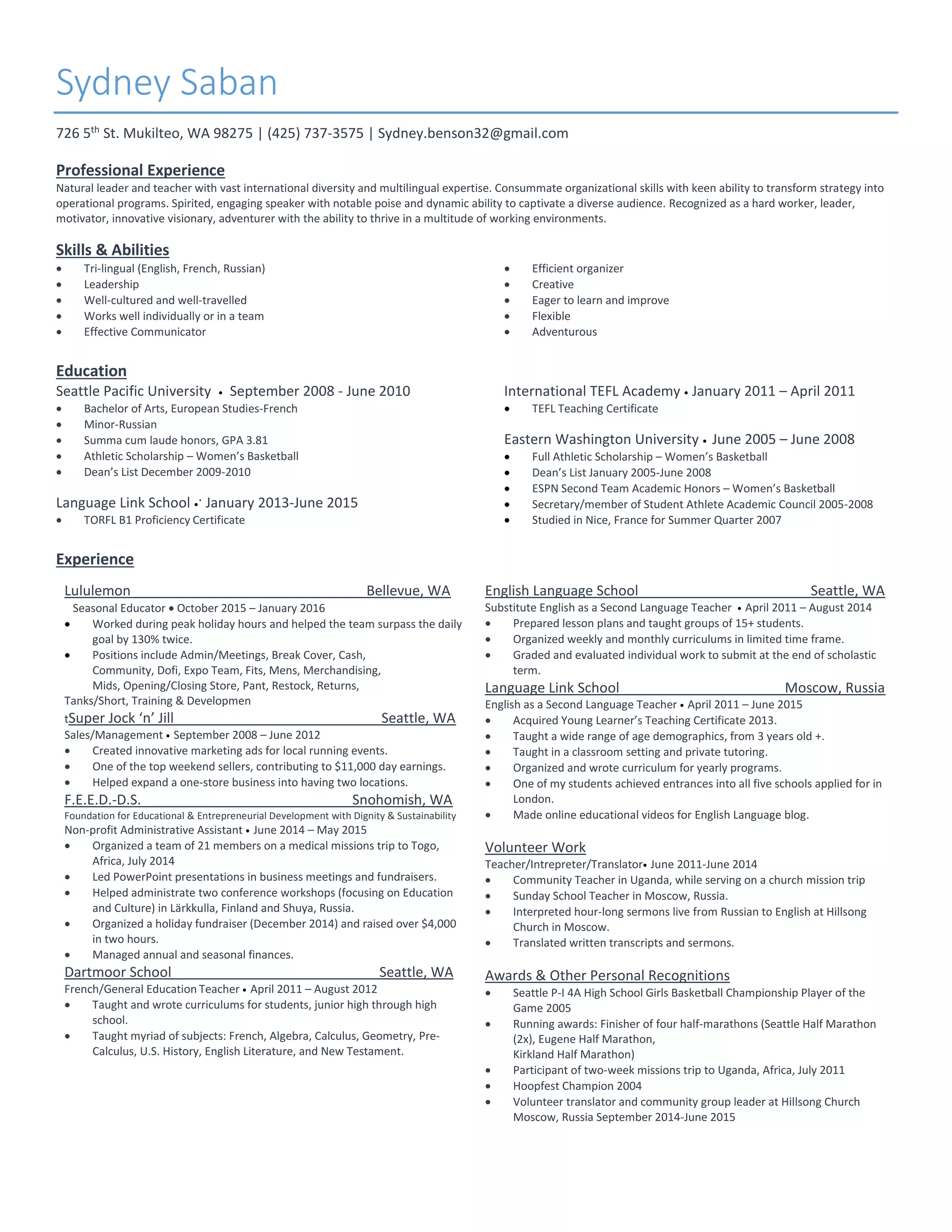 Sydney Saban Resume PDF - Sydney Saban Resume 1 2048 