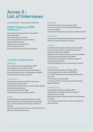 Annexes
92
Annex II :
List of Interviews
Conducted between 1 October and 8 December 2014.
UNDP Regional DRR
Advisors:
Armen Grigoryan (Europe and the Commonwealth of
Independent States)
Sanny Jegillos (Asia and the Pacific)
Krishna Vatsa (Global Risk Assessment Advisor)
Zubair Murshed (Arab States)	
Sophie Baranes (Francophone Africa)
Aliou Dia (Anglophone Africa)
Geraldine Becchi (Latin America and the Caribbean)
Country Interviews:
Armenia:
Armen Chilingaryan (Programme Manager, UNDP)
Ashot Sargsyan (Programme Officer, OCHA)
Movses Poghosyan (Executive Director, National Platform)
Hamlet Matevosyan (Director, Crisis Management Academy)
Ara Aslanyan (Director of Planning, MoES)
Colombia:
Xavier Hernández (Programme Specialist, Poverty and
Sustainable Development, UNDP)
Claudia Patricia Satizabal (Economist, Disaster Risk Management,
National Planning Department)
Camilo Cárdenas (Consultant, UNDP)
Alexander Figueroa (Local coordinator, UNDP)
Cuba:
Georgina Michelena (Assistant Risk Management, UNDP)
Rosendo Mesías (National Risk Management Official, UNDP)
Jorge Luis Viera (Specialist in Risk Perception and Physical
Planning)
Pablo De Varona (Head of Centre of Instruments and Methods of
Observation, Meteorological Institute)
Djibouti:
Idriss Ahmed Hared (Programme Manager, UNDP)
Dr. Idriss Bexi (Professor Director of the Earth Department,
University of Djibouti)
Ahmed Mohamed Madar (Executive Secretary, SEGRC in Djibouti)
Ecuador:
Nury Bermúdez (Coordinator, Risk Management Programme, UNDP)
Jeanette Fernández (Independent consultant)
Ghana:
Paolo Dalla Stella (Sustainable Development Analyst, UNDP)
Koranteng Abrokwa (Director, Training, National Disaster
Management Organization (NADMO)
Kingsford Asamoah (Project Coordinator, Community Resilience
through Early Warning (CREW) Project, NADMO)
Winfred Nelson (Deputy Director, National Development
Planning Commission (NDPC)
Emil Atsu (Budget Analyst, Aowin Suaman District Assembly)
Indonesia:
Kristanto Sinandang (Programme Manager, UNDP)
Dr. Suprayoga Hadi (former Director of BAPPENAS)
Dr. Krishna Pribadi (Institute of Technology Bandung, former
Chair of NP)
Dr. Eko Yulianto (Consultant, UNDP)
Mr. Aryawan, (Director for Special Areas and Disadvantaged
Regions, BAPPENAS)
Kyrgyzstan:
Mukash Kaldarov (Programme Manager, UNDP)
Jyldyz Aitbekovna Toktorbaeva (Chief of International
Cooperation Division, MoES)
Rakhat Kurmanbekovna Omuralieva (Head of the Legal Support
Unit, MoES)
Mr. Arstan Asanov (Head of Kyzyl-Tuu LSG of Suzak district of
Jalal-Abad Oblast)
92
 