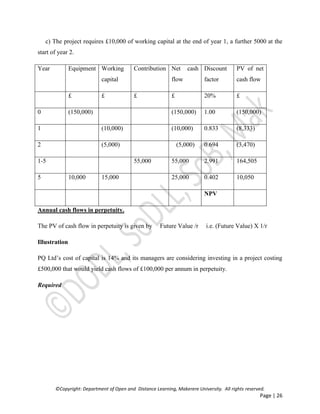 ©Copyright: Department of Open and Distance Learning, Makerere University. All rights reserved.
Page | 26
c) The project requires £10,000 of working capital at the end of year 1, a further 5000 at the
start of year 2.
Year Equipment Working
capital
Contribution Net cash
flow
Discount
factor
PV of net
cash flow
£ £ £ £ 20% £
0 (150,000) (150,000) 1.00 (150,000)
1 (10,000) (10,000) 0.833 (8,333)
2 (5,000) (5,000) 0.694 (3,470)
1-5 55,000 55,000 2.991 164,505
5 10,000 15,000 25,000 0.402 10,050
NPV
Annual cash flows in perpetuity.
The PV of cash flow in perpetuity is given by Future Value /r i.e. (Future Value) X 1/r
Illustration
PQ Ltd’s cost of capital is 14% and its managers are considering investing in a project costing
£500,000 that would yield cash flows of £100,000 per annum in perpetuity.
Required
 