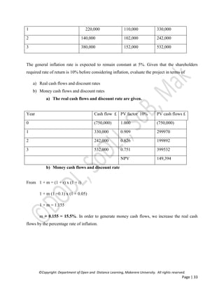 ©Copyright: Department of Open and Distance Learning, Makerere University. All rights reserved.
Page | 33
1 220,000 110,000 330,000
2 140,000 102,000 242,000
3 380,000 152,000 532,000
The general inflation rate is expected to remain constant at 5%. Given that the shareholders
required rate of return is 10% before considering inflation, evaluate the project in terms of
a) Real cash flows and discount rates
b) Money cash flows and discount rates
a) The real cash flows and discount rate are given.
Year Cash flow £ PV factor 10% PV cash flows £
0 (750,000) 1.000 (750,000)
1 330,000 0.909 299970
2 242,000 0.826 199892
3 532,000 0.751 399532
NPV 149,394
b) Money cash flows and discount rate
From 1 + m = (1 + r) x (1 + i)
1 + m (1 +0.1) x (1 + 0.05)
1 + m = 1.155
m = 0.155 = 15.5%. In order to generate money cash flows, we increase the real cash
flows by the percentage rate of inflation.
 