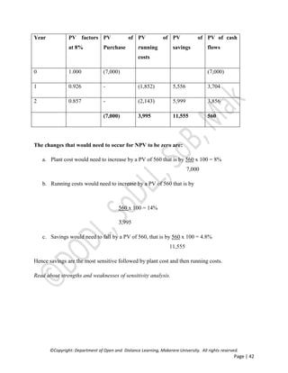 ©Copyright: Department of Open and Distance Learning, Makerere University. All rights reserved.
Page | 42
Year PV factors
at 8%
PV of
Purchase
PV of
running
costs
PV of
savings
PV of cash
flows
0 1.000 (7,000) (7,000)
1 0.926 - (1,852) 5,556 3,704
2 0.857 - (2,143) 5,999 3,856
(7,000) 3,995 11,555 560
The changes that would need to occur for NPV to be zero are:
a. Plant cost would need to increase by a PV of 560 that is by 560 x 100 = 8%
7,000
b. Running costs would need to increase by a PV of 560 that is by
560 x 100 = 14%
3,995
c. Savings would need to fall by a PV of 560, that is by 560 x 100 = 4.8%
11,555
Hence savings are the most sensitive followed by plant cost and then running costs.
Read about strengths and weaknesses of sensitivity analysis.
 