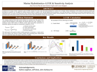 Marine Hydrokinetics--LCOE & Sensitivity Analysis
Alex Yu-Lin Pan & Zach Sutton-Giglia and Louis Klapper
Levelized cost of energy (LCOE), expressed in units of $/kWh, measures the value of the total energy produced by a system over its lifespan. Marine hydrokinetics LCOE models and sensitivity analysis are
developed at a reference site. We applied two different financial models to evaluate LCOE, and then applied physical parameters, cut-in and rated speeds, to determine how the annual energy production (AEP)
influenced LCOE. For resource sites lacking precise data, statistical models called Rayleigh and Weibull distributions produce velocity probability curves, based on the average velocity of the site. These curves were
generated as part of this project, and they reveal what kinds of current velocity distributions could give the lowest LCOE.
ABSTRACT
Problem Statement LCOE Calculation
The company deployed their tidal current turbines at a resource site. The speed of the
currents and the properties of the turbines can directly affect the LCOE. Therefore, we
produced various AEPs based on different current speed and turbine parameters to
potentially optimize the design for economically competitive LCOE.
𝑃𝑎𝑣𝑎𝑖𝑙𝑎𝑏𝑙𝑒 =
1
2
𝜌𝐴𝑣3
𝑃𝑒𝑥𝑡𝑟𝑎𝑐𝑡𝑒𝑑 =
1
2
𝜌𝐴𝑣3
𝐶 𝑝 𝐶𝑔
𝜌: 𝑑𝑒𝑛𝑠𝑖𝑡𝑦 𝑜𝑓 𝑡ℎ𝑒 𝑤𝑎𝑡𝑒𝑟
𝐶 𝑝: 𝑟𝑜𝑡𝑜𝑟 𝑐𝑜𝑒𝑓𝑓𝑖𝑐𝑖𝑒𝑛𝑡
𝐶𝑔: 𝑔𝑒𝑛𝑒𝑟𝑎𝑡𝑜𝑟 𝑐𝑜𝑒𝑓𝑓𝑖𝑐𝑖𝑒𝑛𝑡
𝑣: 𝑐𝑢𝑟𝑟𝑒𝑛𝑡 𝑣𝑒𝑙𝑜𝑐𝑖𝑡𝑦
The rated speed is the speed at which a turbine generates its maximum, or rated, power.
The cut-in speed is the velocity at which a turbine starts generating power. Rated speed
and cut-in speed both reduce the energy collected by a turbine.
We calculated LCOE by following two models:
(1) Sandia Model 𝐿𝐶𝑂𝐸 =
𝐶𝑎𝑝𝐸𝑥∗𝐹𝐶𝑅+𝑂𝑝𝐸𝑥
𝐴𝐸𝑃
= $0.104/kWh
(2) NPV Model 𝐿𝐶𝑂𝐸 =
𝑁𝑃𝑉
𝐴𝐸𝑃×𝑙𝑖𝑓𝑒𝑡𝑖𝑚𝑒
= $0.074/kWh
Key Results
Figure 1 above demonstrates the necessary reduction in cost for the
LCOE to remain constant, when cut-in speeds and rated speeds are
considered.
Figure 2 above shows the percentage change of LCOE when the cost is held
constant.
Figure 3 above plots the velocity distribution for the reference
site (black) and statistical distributions generated by Rayleigh
and Weibull functions.
Figure 4 shows the LCOEs corresponding to the velocity distributions from Figure 3.
The Weibull distribution 1 apparently has the highest LCOE due to the low current speed
dominating the probabilities.
Conclusions and Implications
1. LCOE is a useful metric to assess the economic viability of a marine hydrokinetic system at a given location, The Sandia model of LCOE seeks to standardize this type of economic analysis across the industry.
2. For both percentage change of LCOE and costs, either increasing the cut-in speed or decreasing rated speed will lower the AEP. The data we obtained from Figures 1 and 2 show that a very significant cost reduction (15.41% for rated speed = 1.5 and cut-in =
0.7) would have to occur to maintain the a constant LCOE. They also reveal the importance of matching the cut-in and rated speed of the turbines to the resource, in order to achieve economic viability.
3. At sites where a precise current velocity distribution is uncertain, a Rayleigh or Weibull distribution provides velocity curves. Such analyses gives an initial assessment of a resource. Since the AEP is related to the cube of velocity (v3), the ability of capturing
higher velocities are more than offset by increasing the cut-in speed in a strategy to reduce capital and maintenance costs..
Acknowledgements:
Kathie Leighton, Jeff Glick, John Ashbourne
FCR =
1 + 𝑑 𝑛
1 + 𝑑 𝑛 − 1
×
1 − 𝑇 × 𝑃𝑉𝑑𝑒𝑝
1 − 𝑇
d = discount rate %
n = operational life year
PVdep = present value of depreciation %
T = effective tax rate (%)
Inadequate
Match of Actual
Data with
Modeled Curves
 
