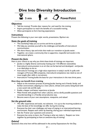 21 -
Dive Into Diversity Introduction
6 5 min !all "PowerPoint
Objectives
• ‘Sell the training’: Provide clear reasons for, and need for the training
• Inspire participation to reach the benefits of a successful training
• Allow participants to form learning expectations
Instructions
Present the following in your own style: words, presentation, flipchart etc.
State the goals of training
• This workshop helps you to survive and thrive at Jacobs!
• We help you sensitize yourself to the challenges and benefits of intercultural
communication
• We share theory, tips and tricks that made our transition to Jacobs easier.
• Together, we create a community that is supportive, respectful and excels in the
international sphere.
Present the facts
Here is your chance to say why you think these kinds of trainings are important.
• Jacobs is a highly diverse community hosting over 110 different nationalities
• Intercultural communication is an art that can be learned and developed - and Jacobs
is an ideal place to do so.
• Intercultural Trainings are a high-value experience in today’s world. In polls with
managers of Fortune 500 companies, intercultural competence was rated as one of
most sought after skills in recruitment.
• Intercultural Training builds the basis for your interactions in the next three years.
How they can benefit from training
• Adjust to the transition process of joining Jacobs: leaving one’s friends, family, and
familiar environment; adapting to a new culture, climate and cuisine; being faced with
a new social role and life style.
• Enable a deeper and better experience at Jacobs
• Make friends with people from other cultures, and to clarify possible questions and
misunderstandings in a friendly and productive way.
• Become aware of your own assumptions, viewpoints, and values!
Set the ground rules
• We offer experiences and tools, not solutions. It is up to the incoming students to
make the best of the knowledge we offer during the training.
• Everyone has their own challenges and ways of coping in an international learning
environment. Respect each other by listening, sharing your individual experiences.
• Ask the Trainer your questions and concerns.
• Everyone has come to learn, but Training is what we make it. Respect our time
together by participating to have an awesome day of training!
Debrief
Questions that arise here will be addressed in the activity Expectations for the Day.
 