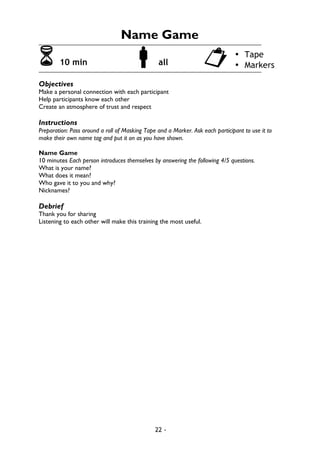 22 -
Name Game
6 10 min !all "
Objectives
Make a personal connection with each participant
Help participants know each other
Create an atmosphere of trust and respect
Instructions
Preparation: Pass around a roll of Masking Tape and a Marker. Ask each participant to use it to
make their own name tag and put it on as you have shown.
Name Game
10 minutes Each person introduces themselves by answering the following 4/5 questions.
What is your name?
What does it mean?
Who gave it to you and why?
Nicknames?
Debrief
Thank you for sharing
Listening to each other will make this training the most useful.
• Tape
• Markers
 