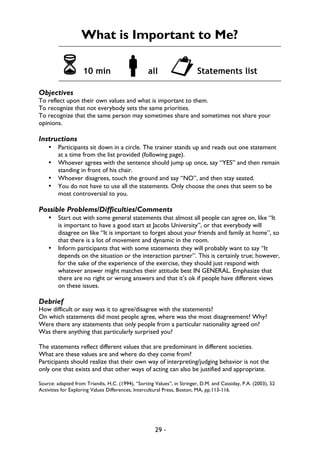29 -
What is Important to Me?
6 10 min !all "Statements list
Objectives
To reflect upon their own values and what is important to them.
To recognize that not everybody sets the same priorities.
To recognize that the same person may sometimes share and sometimes not share your
opinions.
Instructions
• Participants sit down in a circle. The trainer stands up and reads out one statement
at a time from the list provided (following page).
• Whoever agrees with the sentence should jump up once, say “YES” and then remain
standing in front of his chair.
• Whoever disagrees, touch the ground and say “NO”, and then stay seated.
• You do not have to use all the statements. Only choose the ones that seem to be
most controversial to you.
Possible Problems/Difficulties/Comments
• Start out with some general statements that almost all people can agree on, like “It
is important to have a good start at Jacobs University”, or that everybody will
disagree on like “It is important to forget about your friends and family at home”, so
that there is a lot of movement and dynamic in the room.
• Inform participants that with some statements they will probably want to say “It
depends on the situation or the interaction partner”. This is certainly true; however,
for the sake of the experience of the exercise, they should just respond with
whatever answer might matches their attitude best IN GENERAL. Emphasize that
there are no right or wrong answers and that it’s ok if people have different views
on these issues.
Debrief
How difficult or easy was it to agree/disagree with the statements?
On which statements did most people agree, where was the most disagreement? Why?
Were there any statements that only people from a particular nationality agreed on?
Was there anything that particularly surprised you?
The statements reflect different values that are predominant in different societies.
What are these values are and where do they come from?
Participants should realize that their own way of interpreting/judging behavior is not the
only one that exists and that other ways of acting can also be justified and appropriate.
Source: adapted from Triandis, H.C. (1994), “Sorting Values”, in Stringer, D.M. and Cassiday, P.A. (2003), 52
Activities for Exploring Values Differences, Intercultural Press, Boston, MA, pp.113-116.
 