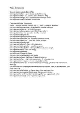 30 -
Value Statements
General Statements to Start With:
It is important to have a good start at Jacobs University.
It is important to have nice weather at the Welcome BBQ.
It is important to forget about your friends and family at home.
It is important to be successful in your studies.
Controversial Value Statements:
Making a decision and later changing it (e.g., a major) is a sign of weakness.
It is important to show respect to people who are older than you.
It is important to take care of the environment.
It is important to be compassionate and to forgive others.
It is important that a man opens the door for a woman.
It is important to be patriotic.
It is important to go to church regularly.
It is important to value the past through traditions or rituals.
It is important to keep one’s room and clothes in order.
It is important to be punctual.
It is important to be self-reliant and independent.
It is important to accept others sexual orientation.
It is important to be obedient and respectful towards older people.
It is important to save water and energy.
It is important to be happy.
It is important to always be polite.
It is important to be close with your family.
It is important to follow the Code of Academic Integrity.
It is important to have a high income so you can do what you want.
It is important to meet your commitments, to be reliable.
It is important to take care of one’s exterior appearance (e.g. clothes with brand names,
make-up).
It is important to acknowledge other people’s status and treat them according to their rank
in the hierarchy.
It is important to be flexible, to change when things aren’t working.
It is important to discuss conflicts directly, the sooner the better.
It is important for family members to stick together and support each other.
It is important to directly voice any criticism you have.
 