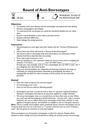 49 -
Round of Anti-Stereotypes
610 min !all "
Objectives
• To examine one's own identity and the stereotypes associated with that identity
• Practice voicing against stereotypes
• To understand that stereotypes are useful but should be flexible and not relied
upon.
• Practice mental flexibility to hear others personal stories
• Respect individual differences
• Open dialogue by asking questions
Instructions
• Ask participants to once again take their sheets with the “Circles of Multicultural
Self”
• Inform them that there will now be a “Round of Anti-Stereotypes”
• Ask them to share a stereotype they have heard about one dimension of their
identity that fails to describe them accurately.
• Find a way to give everyone a turn.
• Start by reading your own statement. Stand up, one at a time, and to complete the
sentence "I am (a/an) ____________ but I am NOT (a/an) _____________."
Provide your own example, such as "I am a psychologist, but I am NOT a crazy." Or “I
am a Bulgarian but I don’t drink alcohol”
• Make sure that participants are respectful and listening actively for this step, as
individuals are making themselves vulnerable by participating. Introduce it
energetically and allow for silent moments and the activity can be extremely
powerful.
Debrief
• How did it feel to express the anti-stereotype?
• Are stereotypes ever true?
• How can we find out without offending people?
• Stereotypes may have a cornel of truth to them or represent a general tendency.
However, stereotypes will often be wrong when applied to a single individual.
• We all use stereotypes: they are a mental short cut that often save us time. When
you catch yourself stereotyping at Jacobs University – and you will – take a moment
whenever you can to reflect where your stereotype comes from, whether it truly
applies to the given person, and whether it is helpful to use it in the given situation.
Note. There is usually some laughter when somebody shares common stereotypes such as
"I may be Arab, but I am not a terrorist" or "I may be a German, but my room is always a
mess.” Ask the group to comment on why they laughed.
When participants are sharing their stereotypes, to allow for silences. People will be
hesitant to share initially, but once the ball starts rolling, the activity carries a lot of energy.
Worksheet: Circles of
my Multicultural Self
 