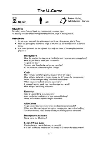 51 -
The U-Curve
610 min !all "
Objectives
To reflect upon Culture Shock, its characteristics, causes, signs
To actively consider shock management techniques, ways of dealing with it.
Instructions
• As a trainer, approach the whiteboard, and draw a line across, label it Time.
• Now ask participants to show a range of ‘thumbs up’ to ‘thumbs down’ at certain
times.
• Ask them questions for each phase. You may use some of the sample questions
provided:
Honeymoon
How did you feel the day you arrived at Jacobs? How was your energy level?
How do you feel to meet your roommate?
To get a city tour?
To meet your host family and go out together?
At the initiation ceremony in your college?
Crisis
How will you feel after speaking to your family on Skype?
How will you feel while trying to sign up for 6-7 classes for the semester?
When the weather gets rainy and darker than home?
When you need to finish the visa paperwork?
If you don’t get to speak your own language for a week?
How will you feel during midterms?
Recovery
After a weekend trip to Amsterdam?
After the Jacobs celebration of your national holiday?
When you successfully finish all you midterms?
Adjustment
To go around downtown and know the best restaurants/clubs?
When your German is good enough to manage your own online banking?
You know how to select all the classes you will enjoy next semester?
Honeymoon at Home
Going home for Christmas?
Second Wave Crisis
Coming back to class in February in the cold?
It is time to choose whether or not to stay in Germany for the summer?
Power Point,
Whiteboard, Marker
 