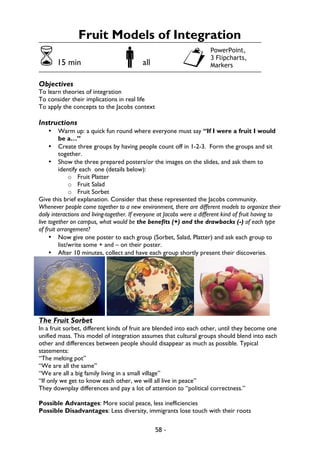58 -
Fruit Models of Integration
615 min !all "
Objectives
To learn theories of integration
To consider their implications in real life
To apply the concepts to the Jacobs context
Instructions
• Warm up: a quick fun round where everyone must say “If I were a fruit I would
be a…”
• Create three groups by having people count off in 1-2-3. Form the groups and sit
together.
• Show the three prepared posters/or the images on the slides, and ask them to
identify each one (details below):
o Fruit Platter
o Fruit Salad
o Fruit Sorbet
Give this brief explanation. Consider that these represented the Jacobs community.
Whenever people come together to a new environment, there are different models to organize their
daily interactions and living-together. If everyone at Jacobs were a different kind of fruit having to
live together on campus, what would be the benefits (+) and the drawbacks (-) of each type
of fruit arrangement?
• Now give one poster to each group (Sorbet, Salad, Platter) and ask each group to
list/write some + and – on their poster.
• After 10 minutes, collect and have each group shortly present their discoveries.
The Fruit Sorbet
In a fruit sorbet, different kinds of fruit are blended into each other, until they become one
unified mass. This model of integration assumes that cultural groups should blend into each
other and differences between people should disappear as much as possible. Typical
statements:
“The melting pot”
“We are all the same”
“We are all a big family living in a small village”
“If only we get to know each other, we will all live in peace”
They downplay differences and pay a lot of attention to “political correctness.”
Possible Advantages: More social peace, less inefficiencies
Possible Disadvantages: Less diversity, immigrants lose touch with their roots
PowerPoint,
3 Flipcharts,
Markers
 