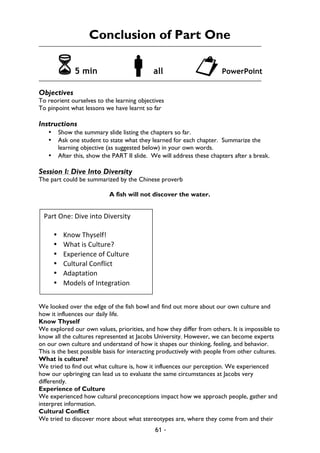 61 -
Conclusion of Part One
65 min !all "PowerPoint
Objectives
To reorient ourselves to the learning objectives
To pinpoint what lessons we have learnt so far
Instructions
• Show the summary slide listing the chapters so far.
• Ask one student to state what they learned for each chapter. Summarize the
learning objective (as suggested below) in your own words.
• After this, show the PART II slide. We will address these chapters after a break.
Session I: Dive Into Diversity
The part could be summarized by the Chinese proverb
A fish will not discover the water.
We looked over the edge of the fish bowl and find out more about our own culture and
how it influences our daily life.
Know Thyself
We explored our own values, priorities, and how they differ from others. It is impossible to
know all the cultures represented at Jacobs University. However, we can become experts
on our own culture and understand of how it shapes our thinking, feeling, and behavior.
This is the best possible basis for interacting productively with people from other cultures.
What is culture?
We tried to find out what culture is, how it influences our perception. We experienced
how our upbringing can lead us to evaluate the same circumstances at Jacobs very
differently.
Experience of Culture
We experienced how cultural preconceptions impact how we approach people, gather and
interpret information.
Cultural Conflict
We tried to discover more about what stereotypes are, where they come from and their
Part	
  One:	
  Dive	
  into	
  Diversity	
  
	
  
• Know	
  Thyself!	
  
• What	
  is	
  Culture?	
  
• Experience	
  of	
  Culture	
  
• Cultural	
  Conflict	
  
• Adaptation	
  
• Models	
  of	
  Integration	
  
 
