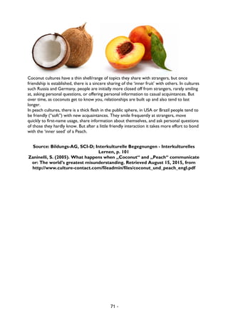 71 -
Coconut cultures have a thin shell/range of topics they share with strangers, but once
friendship is established, there is a sincere sharing of the ‘inner fruit’ with others. In cultures
such Russia and Germany, people are initially more closed off from strangers, rarely smiling
at, asking personal questions, or offering personal information to casual acquintances. But
over time, as coconuts get to know you, relationships are built up and also tend to last
longer.
In peach cultures, there is a thick flesh in the public sphere, in USA or Brazil people tend to
be friendly (“soft”) with new acquaintances. They smile frequently at strangers, move
quickly to first-name usage, share information about themselves, and ask personal questions
of those they hardly know. But after a little friendly interaction it takes more effort to bond
with the ‘inner seed’ of a Peach.
Source: Bildungs-AG, SCI-D; Interkulturelle Begegnungen - Interkulturelles
Lernen, p. 101
Zaninelli, S. (2005). What happens when „Coconut“ and „Peach“ communicate
or: The world’s greatest misunderstanding. Retrieved August 15, 2015, from
http://www.culture-contact.com/fileadmin/files/coconut_und_peach_engl.pdf
 