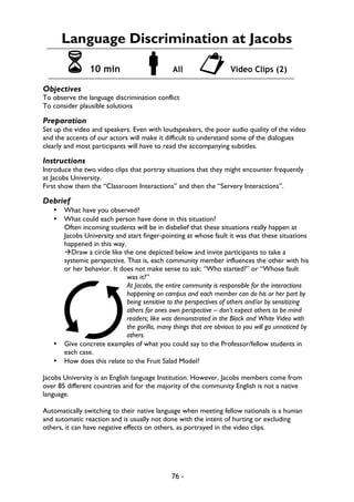 76 -
Language Discrimination at Jacobs
6 10 min ! All "Video Clips (2)
Objectives
To observe the language discrimination conflict
To consider plausible solutions
Preparation
Set up the video and speakers. Even with loudspeakers, the poor audio quality of the video
and the accents of our actors will make it difficult to understand some of the dialogues
clearly and most participants will have to read the accompanying subtitles.
Instructions
Introduce the two video clips that portray situations that they might encounter frequently
at Jacobs University.
First show them the “Classroom Interactions” and then the “Servery Interactions”.
Debrief
• What have you observed?
• What could each person have done in this situation?
Often incoming students will be in disbelief that these situations really happen at
Jacobs University and start finger-pointing at whose fault it was that these situations
happened in this way.
àDraw a circle like the one depicted below and invite participants to take a
systemic perspective. That is, each community member influences the other with his
or her behavior. It does not make sense to ask: “Who started?” or “Whose fault
was it?”
At Jacobs, the entire community is responsible for the interactions
happening on campus and each member can do his or her part by
being sensitive to the perspectives of others and/or by sensitizing
others for ones own perspective – don’t expect others to be mind
readers; like was demonstrated in the Black and White Video with
the gorilla, many things that are obvious to you will go unnoticed by
others.
• Give concrete examples of what you could say to the Professor/fellow students in
each case.
• How does this relate to the Fruit Salad Model?
Jacobs University is an English language Institution. However, Jacobs members come from
over 85 different countries and for the majority of the community English is not a native
language.
Automatically switching to their native language when meeting fellow nationals is a human
and automatic reaction and is usually not done with the intent of hurting or excluding
others, it can have negative effects on others, as portrayed in the video clips.
 