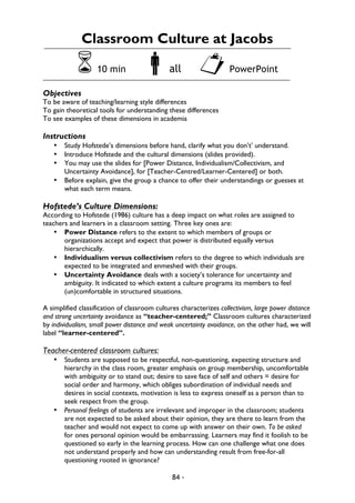 84 -
Classroom Culture at Jacobs
610 min !all "PowerPoint
Objectives
To be aware of teaching/learning style differences
To gain theoretical tools for understanding these differences
To see examples of these dimensions in academia
Instructions
• Study Hofstede’s dimensions before hand, clarify what you don’t’ understand.
• Introduce Hofstede and the cultural dimensions (slides provided).
• You may use the slides for [Power Distance, Individualism/Collectivism, and
Uncertainty Avoidance], for [Teacher-Centred/Learner-Centered] or both.
• Before explain, give the group a chance to offer their understandings or guesses at
what each term means.
Hofstede’s Culture Dimensions:
According to Hofstede (1986) culture has a deep impact on what roles are assigned to
teachers and learners in a classroom setting. Three key ones are:
• Power Distance refers to the extent to which members of groups or
organizations accept and expect that power is distributed equally versus
hierarchically.
• Individualism versus collectivism refers to the degree to which individuals are
expected to be integrated and enmeshed with their groups.
• Uncertainty Avoidance deals with a society’s tolerance for uncertainty and
ambiguity. It indicated to which extent a culture programs its members to feel
(un)comfortable in structured situations.
A simplified classification of classroom cultures characterizes collectivism, large power distance
and strong uncertainty avoidance as “teacher-centered;” Classroom cultures characterized
by individualism, small power distance and weak uncertainty avoidance, on the other had, we will
label “learner-centered”.
Teacher-centered classroom cultures:
• Students are supposed to be respectful, non-questioning, expecting structure and
hierarchy in the class room, greater emphasis on group membership, uncomfortable
with ambiguity or to stand out; desire to save face of self and others = desire for
social order and harmony, which obliges subordination of individual needs and
desires in social contexts, motivation is less to express oneself as a person than to
seek respect from the group.
• Personal feelings of students are irrelevant and improper in the classroom; students
are not expected to be asked about their opinion, they are there to learn from the
teacher and would not expect to come up with answer on their own. To be asked
for ones personal opinion would be embarrassing. Learners may find it foolish to be
questioned so early in the learning process. How can one challenge what one does
not understand properly and how can understanding result from free-for-all
questioning rooted in ignorance?
 