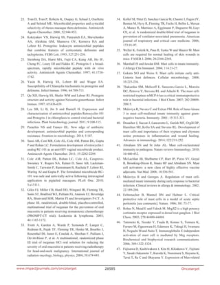 Oncotarget28585www.impactjournals.com/oncotarget
23.	 Tran D, Tran P, Roberts K, Osapay G, Schaal J, Ouellette
A and Selsted ME. Microbicidal properties and cytocidal
selectivity of rhesus macaque theta defensins. Antimicrob
Agents Chemother. 2008; 52:944-953.
24.	 Kokryakov VN, Harwig SS, Panyutich EA, Shevchenko
AA, Aleshina GM, Shamova OV, Korneva HA and
Lehrer RI. Protegrins: leukocyte antimicrobial peptides
that combine features of corticostatic defensins and
tachyplesins. FEBS Lett. 1993; 327:231-236.
25.	 Steinberg DA, Hurst MA, Fujii CA, Kung AH, Ho JF,
Cheng FC, Loury DJ and Fiddes JC. Protegrin-1: a broad-
spectrum, rapidly microbicidal peptide with in vivo
activity. Antimicrob Agents Chemother. 1997; 41:1738-
1742.
26.	 Yasin B, Harwig SS, Lehrer RI and Wagar EA.
Susceptibility of Chlamydia trachomatis to protegrins and
defensins. Infect Immun. 1996; 64:709-713.
27.	 Qu XD, Harwig SS, Shafer WM and Lehrer RI. Protegrin
structure and activity against Neisseria gonorrhoeae. Infect
Immun. 1997; 65:636-639.
28.	 Lee SB, Li B, Jin S and Daniell H. Expression and
characterization of antimicrobial peptides Retrocyclin-101
and Protegrin-1 in chloroplasts to control viral and bacterial
infections. Plant biotechnology journal. 2011; 9:100-115.
29.	 Parachin NS and Franco OL. New edge of antibiotic
development: antimicrobial peptides and corresponding
resistance. Frontiers in microbiology. 2014; 5:147.
30.	 Sassi AB, Cost MR, Cole AL, Cole AM, Patton DL, Gupta
P and Rohan LC. Formulation development of retrocyclin 1
analog RC-101 as an anti-HIV vaginal microbicide product.
Antimicrob Agents Chemother. 2011; 55:2282-2289.
31.	 Cole AM, Patton DL, Rohan LC, Cole AL, Cosgrove-
Sweeney Y, Rogers NA, Ratner D, Sassi AB, Lackman-
Smith C, Tarwater P, Ramratnam B, Ruchala P, Lehrer RI,
Waring AJ and Gupta P. The formulated microbicide RC-
101 was safe and antivirally active following intravaginal
application in pigtailed macaques. PLoS One. 2010;
5:e15111.
32.	 Giles FJ, Miller CB, Hurd DD, Wingard JR, Fleming TR,
Sonis ST, Bradford WZ, Pulliam JG, Anaissie EJ, Beveridge
RA, Brunvand MM, Martin PJ and Investigators P-CT. A
phase III, randomized, double-blind, placebo-controlled,
multinational trial of iseganan for the prevention of oral
mucositis in patients receiving stomatotoxic chemotherapy
(PROMPT-CT trial). Leukemia & lymphoma. 2003;
44:1165-1172.
33.	 Trotti A, Garden A, Warde P, Symonds P, Langer C,
Redman R, Pajak TF, Fleming TR, Henke M, Bourhis J,
Rosenthal DI, Junor E, Cmelak A, Sheehan F, Pulliam J,
Devitt-Risse P, et al. A multinational, randomized phase
III trial of iseganan HCl oral solution for reducing the
severity of oral mucositis in patients receiving radiotherapy
for head-and-neck malignancy. International journal of
radiation oncology, biology, physics. 2004; 58:674-681.
34.	 Kollef M, Pittet D, Sanchez Garcia M, Chastre J, Fagon JY,
Bonten M, Hyzy R, Fleming TR, Fuchs H, Bellm L, Mercat
A, Manez R, Martinez A, Eggimann P, Daguerre M, Luyt
CE, et al. A randomized double-blind trial of iseganan in
prevention of ventilator-associated pneumonia. American
journal of respiratory and critical care medicine. 2006;
173:91-97.
35.	 Weller K, Foitzik K, Paus R, Syska W and Maurer M. Mast
cells are required for normal healing of skin wounds in
mice. FASEB J. 2006; 20:2366-2368.
36.	 Marshall JS and Jawdat DM. Mast cells in innate immunity.
J Allergy Clin Immunol. 2004; 114:21-27.
37.	 Gekara NO and Weiss S. Mast cells initiate early anti-
Listeria host defences. Cellular microbiology. 2008;
10:225-236.
38.	 Thakurdas SM, Melicoff E, Sansores-Garcia L, Moreira
DC, Petrova Y, Stevens RL and Adachi R. The mast cell-
restricted tryptase mMCP-6 has a critical immunoprotective
role in bacterial infections. J Biol Chem. 2007; 282:20809-
20815.
39.	 Malaviya R, Navara C and Uckun FM. Role of Janus kinase
3 in mast cell-mediated innate immunity against gram-
negative bacteria. Immunity. 2001; 15:313-321.
40.	 Douaiher J, Succar J, Lancerotto L, Gurish MF, Orgill DP,
Hamilton MJ, Krilis SA and Stevens RL. Development of
mast cells and importance of their tryptase and chymase
serine proteases in inflammation and wound healing.
Advances in immunology. 2014; 122:211-252.
41.	 Abraham SN and St John AL. Mast cell-orchestrated
immunity to pathogens. Nature reviews Immunology. 2010;
10:440-452.
42.	 McLachlan JB, Shelburne CP, Hart JP, Pizzo SV, Goyal
R, Brooking-Dixon R, Staats HF and Abraham SN. Mast
cell activators: a new class of highly effective vaccine
adjuvants. Nat Med. 2008; 14:536-541.
43.	 Malaviya R and Georges A. Regulation of mast cell-
mediated innate immunity during early response to bacterial
infection. Clinical reviews in allergy & immunology. 2002;
22:189-204.
44.	 Echtenacher B, Mannel DN and Hultner L. Critical
protective role of mast cells in a model of acute septic
peritonitis [see comments]. Nature. 1996; 381:75-77.
45.	 Robas N, Mead E and Fidock M. MrgX2 is a high potency
cortistatin receptor expressed in dorsal root ganglion. J Biol
Chem. 2003; 278:44400-44404.
46.	 Tatemoto K, Nozaki Y, Tsuda R, Konno S, Tomura K,
Furuno M, Ogasawara H, Edamura K, Takagi H, Iwamura
H, Noguchi M and Naito T. Immunoglobulin E-independent
activation of mast cell is mediated by Mrg receptors.
Biochemical and biophysical research communications.
2006; 349:1322-1328.
47.	 Fujisawa D, Kashiwakura J, Kita H, Kikukawa Y, Fujitani
Y, Sasaki-Sakamoto T, Kuroda K, Nunomura S, Hayama K,
Terui T, Ra C and Okayama Y. Expression of Mas-related
 