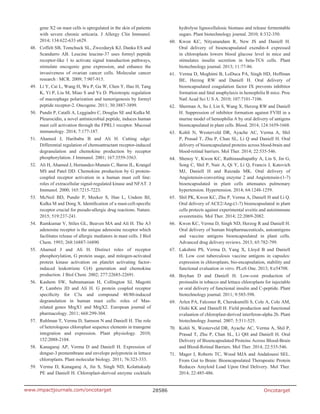 Oncotarget28586www.impactjournals.com/oncotarget
gene X2 on mast cells is upregulated in the skin of patients
with severe chronic urticaria. J Allergy Clin Immunol.
2014; 134:622-633 e629.
48.	 Coffelt SB, Tomchuck SL, Zwezdaryk KJ, Danka ES and
Scandurro AB. Leucine leucine-37 uses formyl peptide
receptor-like 1 to activate signal transduction pathways,
stimulate oncogenic gene expression, and enhance the
invasiveness of ovarian cancer cells. Molecular cancer
research : MCR. 2009; 7:907-915.
49.	 Li Y, Cai L, Wang H, Wu P, Gu W, Chen Y, Hao H, Tang
K, Yi P, Liu M, Miao S and Ye D. Pleiotropic regulation
of macrophage polarization and tumorigenesis by formyl
peptide receptor-2. Oncogene. 2011; 30:3887-3899.
50.	 Pundir P, Catalli A, Leggiadro C, Douglas SE and Kulka M.
Pleurocidin, a novel antimicrobial peptide, induces human
mast cell activation through the FPRL1 receptor. Mucosal
immunology. 2014; 7:177-187.
51.	 Ahamed J, Haribabu B and Ali H. Cutting edge:
Differential regulation of chemoattractant receptor-induced
degranulation and chemokine production by receptor
phosphorylation. J Immunol. 2001; 167:3559-3563.
52.	 Ali H, Ahamed J, Hernandez-Munain C, Baron JL, Krangel
MS and Patel DD. Chemokine production by G protein-
coupled receptor activation in a human mast cell line:
roles of extracellular signal-regulated kinase and NFAT. J
Immunol. 2000; 165:7215-7223.
53.	 McNeil BD, Pundir P, Meeker S, Han L, Undem BJ,
Kulka M and Dong X. Identification of a mast-cell-specific
receptor crucial for pseudo-allergic drug reactions. Nature.
2015; 519:237-241.
54.	 Ramkumar V, Stiles GL, Beaven MA and Ali H. The A3
adenosine receptor is the unique adenosine receptor which
facilitates release of allergic mediators in mast cells. J Biol
Chem. 1993; 268:16887-16890.
55.	Ahamed J and Ali H. Distinct roles of receptor
phosphorylation, G protein usage, and mitogen-activated
protein kinase activation on platelet activating factor-
induced leukotriene C(4) generation and chemokine
production. J Biol Chem. 2002; 277:22685-22691.
56.	 Kashem SW, Subramanian H, Collington SJ, Magotti
P, Lambris JD and Ali H. G protein coupled receptor
specificity for C3a and compound 48/80-induced
degranulation in human mast cells: roles of Mas-
related genes MrgX1 and MrgX2. European journal of
pharmacology. 2011; 668:299-304.
57.	 Ruhlman T, Verma D, Samson N and Daniell H. The role
of heterologous chloroplast sequence elements in transgene
integration and expression. Plant physiology. 2010;
152:2088-2104.
58.	 Kanagaraj AP, Verma D and Daniell H. Expression of
dengue-3 premembrane and envelope polyprotein in lettuce
chloroplasts. Plant molecular biology. 2011; 76:323-333.
59.	 Verma D, Kanagaraj A, Jin S, Singh ND, Kolattukudy
PE and Daniell H. Chloroplast-derived enzyme cocktails
hydrolyse lignocellulosic biomass and release fermentable
sugars. Plant biotechnology journal. 2010; 8:332-350.
60.	 Kwon KC, Nityanandam R, New JS and Daniell H.
Oral delivery of bioencapsulated exendin-4 expressed
in chloroplasts lowers blood glucose level in mice and
stimulates insulin secretion in beta-TC6 cells. Plant
biotechnology journal. 2013; 11:77-86.
61.	 Verma D, Moghimi B, LoDuca PA, Singh HD, Hoffman
BE, Herzog RW and Daniell H. Oral delivery of
bioencapsulated coagulation factor IX prevents inhibitor
formation and fatal anaphylaxis in hemophilia B mice. Proc
Natl Acad Sci U S A. 2010; 107:7101-7106.
62.	 Sherman A, Su J, Lin S, Wang X, Herzog RW and Daniell
H. Suppression of inhibitor formation against FVIII in a
murine model of hemophilia A by oral delivery of antigens
bioencapsulated in plant cells. Blood. 2014; 124:1659-1668.
63.	 Kohli N, Westerveld DR, Ayache AC, Verma A, Shil
P, Prasad T, Zhu P, Chan SL, Li Q and Daniell H. Oral
delivery of bioencapsulated proteins across blood-brain and
blood-retinal barriers. Mol Ther. 2014; 22:535-546.
64.	 Shenoy V, Kwon KC, Rathinasabapathy A, Lin S, Jin G,
Song C, Shil P, Nair A, Qi Y, Li Q, Francis J, Katovich
MJ, Daniell H and Raizada MK. Oral delivery of
Angiotensin-converting enzyme 2 and Angiotensin-(1-7)
bioencapsulated in plant cells attenuates pulmonary
hypertension. Hypertension. 2014; 64:1248-1259.
65.	 Shil PK, Kwon KC, Zhu P, Verma A, Daniell H and Li Q.
Oral delivery of ACE2/Ang-(1-7) bioencapsulated in plant
cells protects against experimental uveitis and autoimmune
uveoretinitis. Mol Ther. 2014; 22:2069-2082.
66.	 Kwon KC, Verma D, Singh ND, Herzog R and Daniell H.
Oral delivery of human biopharmaceuticals, autoantigens
and vaccine antigens bioencapsulated in plant cells.
Advanced drug delivery reviews. 2013; 65:782-799.
67.	 Lakshmi PS, Verma D, Yang X, Lloyd B and Daniell
H. Low cost tuberculosis vaccine antigens in capsules:
expression in chloroplasts, bio-encapsulation, stability and
functional evaluation in vitro. PLoS One. 2013; 8:e54708.
68.	 Boyhan D and Daniell H. Low-cost production of
proinsulin in tobacco and lettuce chloroplasts for injectable
or oral delivery of functional insulin and C-peptide. Plant
biotechnology journal. 2011; 9:585-598.
69.	 Arlen PA, Falconer R, Cherukumilli S, Cole A, Cole AM,
Oishi KK and Daniell H. Field production and functional
evaluation of chloroplast-derived interferon-alpha 2b. Plant
biotechnology Journal. 2007; 5:511-525.
70.	 Kohli N, Westerveld DR, Ayache AC, Verma A, Shil P,
Prasad T, Zhu P, Chan SL, Li QH and Daniell H. Oral
Delivery of Bioencapsulated Proteins Across Blood-Brain
and Blood-Retinal Barriers. Mol Ther. 2014; 22:535-546.
71.	 Mager I, Roberts TC, Wood MJA and Andaloussi SEL.
From Gut to Brain: Bioencapsulated Therapeutic Protein
Reduces Amyloid Load Upon Oral Delivery. Mol Ther.
2014; 22:485-486.
 
