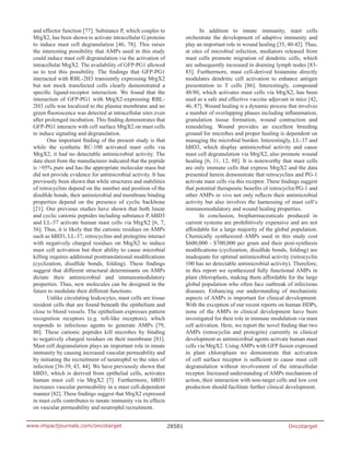 Oncotarget28581www.impactjournals.com/oncotarget
and effector function [77]. Substance P, which couples to
MrgX2, has been shown to activate intracellular G proteins
to induce mast cell degranulation [46, 78]. This raises
the interesting possibility that AMPs used in this study
could induce mast cell degranulation via the activation of
intracellular MrgX2. The availability of GFP-PG1 allowed
us to test this possibility. The findings that GFP-PG1
interacted with RBL-2H3 transiently expressing MrgX2
but not mock transfected cells clearly demonstrated a
specific ligand-receptor interaction. We found that the
interaction of GFP-PG1 with MrgX2-expressing RBL-
2H3 cells was localized to the plasma membrane and no
green fluorescence was detected at intracellular sites even
after prolonged incubation. This finding demonstrates that
GFP-PG1 interacts with cell surface MrgX2 on mast cells
to induce signaling and degranulation.
One important finding of the present study is that
while the synthetic RC-100 activated mast cells via
MrgX2, it had no detectable antimicrobial activity. The
data sheet from the manufacturer indicated that the peptide
is >95% pure and has the appropriate molecular mass but
did not provide evidence for antimicrobial activity. It has
previously been shown that while structures and stabilities
of retrocyclins depend on the number and position of the
disulfide bonds, their antimicrobial and membrane binding
properties depend on the presence of cyclic backbone
[21]. Our previous studies have shown that both linear
and cyclic cationic peptides including substance P, hBD3
and LL-37 activate human mast cells via MrgX2 [6, 7,
56]. Thus, it is likely that the cationic residues on AMPs
such as hBD3, LL-37, retrocyclins and protegrins interact
with negatively charged residues on MrgX2 to induce
mast cell activation but their ability to cause microbial
killing requires additional posttranslational modifications
(cyclization, disulfide bonds, folding). These findings
suggest that different structural determinants on AMPs
dictate their antimicrobial and immunomodulatory
properties. Thus, new molecules can be designed in the
future to modulate their different functions.
Unlike circulating leukocytes, mast cells are tissue
resident cells that are found beneath the epithelium and
close to blood vessels. The epithelium expresses pattern
recognition receptors (e.g. toll-like receptors), which
responds to infectious agents to generate AMPs [79,
80]. These cationic peptides kill microbes by binding
to negatively charged residues on their membrane [81].
Mast cell degranulation plays an important role in innate
immunity by causing increased vascular permeability and
by initiating the recruitment of neutrophil to the sites of
infection [36-39, 43, 44]. We have previously shown that
hBD3, which is derived from epithelial cells, activates
human mast cell via MrgX2 [7]. Furthermore, hBD3
increases vascular permeability in a mast cell-dependent
manner [82]. These findings suggest that MrgX2 expressed
in mast cells contributes to innate immunity via its effects
on vascular permeability and neutrophil recruitment.
In addition to innate immunity, mast cells
orchestrate the development of adaptive immunity and
play an important role in wound healing [35, 40-42]. Thus,
at sites of microbial infection, mediators released from
mast cells promote migration of dendritic cells, which
are subsequently increased in draining lymph nodes [83-
85]. Furthermore, mast cell-derived histamine directly
modulates dendritic cell activation to enhance antigen
presentation to T cells [86]. Interestingly, compound
48/80, which activates mast cells via MrgX2, has been
used as a safe and effective vaccine adjuvant in mice [42,
46, 87]. Wound healing is a dynamic process that involves
a number of overlapping phases including inflammation,
granulation tissue formation, wound contraction and
remodeling. Wound provides an excellent breeding
ground for microbes and proper healing is dependent on
managing the microbial burden. Interestingly, LL-37 and
hBD3, which display antimicrobial activity and cause
mast cell degranulation via MrgX2, also promote wound
healing [6, 11, 12, 88]. It is noteworthy that mast cells
are only immune cells that express MrgX2 and the data
presented herein demonstrate that retrocyclins and PG-1
activate mast cells via this receptor. These findings suggest
that potential therapeutic benefits of retrocyclin/PG-1 and
other AMPs in vivo not only reflects their antimicrobial
activity but also involves the harnessing of mast cell’s
immunomodulatory and wound healing properties.
In conclusion, biopharmaceuticals produced in
current systems are prohibitively expensive and are not
affordable for a large majority of the global population.
Chemically synthesized AMPs used in this study cost
$600,000 - $700,000 per gram and their post-synthesis
modifications (cyclization, disulfide bonds, folding) are
inadequate for optimal antimicrobial activity (retrocyclin
100 has no detectable antimicrobial activity). Therefore,
in this report we synthesized fully functional AMPs in
plant chloroplasts, making them affordable for the large
global population who often face outbreak of infectious
diseases. Enhancing our understanding of mechanistic
aspects of AMPs is important for clinical development.
With the exception of our recent reports on human HDPs,
none of the AMPs in clinical development have been
investigated for their role in immune modulation via mast
cell activation. Here, we report the novel finding that two
AMPs (retrocyclin and protegrin) currently in clinical
development as antimicrobial agents activate human mast
cells via MrgX2. Using AMPs with GFP fusion expressed
in plant chloroplasts we demonstrate that activation
of cell surface receptor is sufficient to cause mast cell
degranulation without involvement of the intracellular
receptor. Increased understanding of AMPs mechanism of
action, their interaction with non-target cells and low cost
production should facilitate further clinical development.
 
