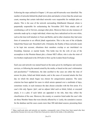 Following the steps outlined in Chapter 1, 68 cases and 60 networks were identified. The
number of networks behind the jihadi terror plots and attacks is lower than the actual case
count, meaning that certain individual networks were responsible for multiple plots or
attacks. This is the case of the network surrounding Abdelhamid Abaaoud, whom is
purportedly responsible for orchestrating the November 2015 Paris attacks and of
coordinating a cell in Verviers, amongst other plots. Moreover there are also instances of
networks made up by a single individual, whom may have radicalized on his own whim,
such as the lone-wolf attackers in Tours and Berlin, and in other situations they had some
form of connection to an official jihadi organization. This is the case of the al-Qaeda
linked Irfan Naseer and Dusseldorf cells. Ultimately, the fluidity of these networks needs
to be kept into account; oftentimes their members overlap or are interlinked via
friendship, fraternal, or marital bonds. This holds true for the wife of one of the
accomplices in the Wootton Basset plot, a former MET officer, who is also the sister of
two brothers implicated in the 2010 plot to blow up the London Stock Exchange.
Each case and network was named based on the name given by intelligence and security
services, or following the named coined by the media, or based on the case’s information
and peculiarities. Furthermore, the date ascribed to the cases are either the time of41
arrests for plots, foiled and failed attacks; and in the cases of executed attacks the first
day on which the attack began was chosen for categorization purposes. The same
criterion has been applied for cases in which arrests spanned over a multitude of days,
sometimes weeks; in such instances the date chosen coincides with the first arrest. If a
case’s title only figures ‘plot’, and no adjunct label such as failed, foiled, or executed
attack, it is a plot; if such labels are appended to the title, then they reflect the
classification of the case. Moreover, the country or countries listed under the case’s title
are those Member States that were directly affected by it. Lastly, the cumulative sources
for the database and the cases counts more than 300 individual sources; presenting them
Many small-scale plots and networks are nameless, consequently some of these have been named after their41
peculiarities because not every one of them have been given a name by the media, or the authorities.
! of !24 73
 