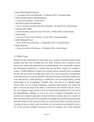 • Omar Abdel Hamid El-Hussein:
• Copenhagen Shootings (Denmark - 14 February 2015) - Executed Attack.
• Islamic Brotherhood for Jihad Predication:
• Catalonia Plot (Spain - 8 April 2015).
• The Terror Couple from Oberursel:
• Plot to Attack the Frankfurt Bike Race (Germany - 29 April 2015) - Foiled Attack.
• Unnamed UK Couple:
• London Bombing 10th Anniversary Plot (UK - 28 May 2015) - Foiled Attack.
• Yassine Salhi:
• Lyon Gas Factory Attack (France - 26 June 2015) - Executed Attack.
• Rafik Mohamad Yousef:
• Berlin Knife Attack (Germany - 17 September 2015) - Executed Attack.
• Hakim Marnissi:
• Toulon Naval Base Plot (France - 29 October 2015) - Foiled Attack.
2.2.Other Cases
Besides the above-mentioned 68 cases, there are a number of possible jihadi terrorist
incidents that have been excluded from this study. In primis, and in relation to most
recent cases, certain individuals had to be excluded because it was not possible to discern
the information’s authenticity, or whether they met the thesis’ criteria. For example, a
number of Salah Abdeslam’s friends were arrested, and are currently being investigated
for their role in the 2015 November Paris attack. Yet, it was not possible to include them
in the dataset because it was not possible at the time of writing to determine whether they
were motivated by a jihadi ideology, or whether they were knowingly helping a friend
unknowingly of his wrongdoings. Similarly, other cases had to be excluded simply
because there was not enough information, especially when dealing with small-scale
plots, or because the target of the attack, or terrorist act, was outside of the EU. This is
the case of people trying to travel to Syria, but whom had not plotted on EU soil, and of
the Sharia4Belgium affiliates on trial at the time of writing. Consequently, this list
presents only a detailed impression of jihadi terrorists in Europe; there are a number of
plots and attacks that could not be included, for example those persons being prosecuted
upon their return to a EU country for their role in the Syrian conflict. Ulteriorly, there are
a number of cases in which a plot was foiled, yet no convictions were handed or only a
few of the network’s members were put on trial; for example a few of the suspected
! of !30 73
 