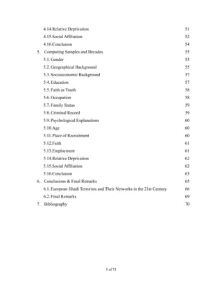 4.14.Relative Deprivation 51
4.15.Social Affiliation 52
4.16.Conclusion 54
5. Comparing Samples and Decades 55
5.1. Gender 55
5.2. Geographical Background 55
5.3. Socioeconomic Background 57
5.4. Education 57
5.5. Faith as Youth 58
5.6. Occupation 58
5.7. Family Status 59
5.8. Criminal Record 59
5.9. Psychological Explanations 60
5.10.Age 60
5.11.Place of Recruitment 60
5.12.Faith 61
5.13.Employment 61
5.14.Relative Deprivation 62
5.15.Social Affiliation 62
5.16.Conclusion 63
6. Conclusions & Final Remarks 65
6.1. European Jihadi Terrorists and Their Networks in the 21st Century 66
6.2. Final Remarks 69
7. Bibliography 70
! of !5 73
 
