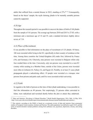 adults that suffered from a mental disease in 2015, standing at 27%. Consequently,60 61
based on the thesis’ sample, the myth claiming jihadis to be mentally unstable persons
cannot be supported.
4.10.Age
Throughout the research period it was possible to uncover the dates of birth of 148 jihadis
from the sample of 161 persons. The average age between 2010 and 2015 is 27.05, with a
minimum and a maximum age of 14 and 55, and a standard deviation slightly above
seven, at 7.18.
4.11.Place of Recruitment
It was possible to find information on the place of recruitment of 123 jihadis. Of these,
106 were recruited while living in the EU, specifically in their country of residence at the
time. Among these countries the United Kingdom (45) ranks first, followed by France
(18), and Germany (14). Ulteriorly, nine persons were recruited in Belgium whilst only
four resided there at the time. Conversely, only ten persons were recruited in a non-EU
country while residing in a Member State; outside of the Union, persons were recruited
most often in Lebanon (3), Turkey (3), and Egypt (2). Notably, in at least 21 cases jihadi
propaganda played a radicalizing effect; 19 people were recruited at a mosque; nine
persons from prisons and parks each; and five were recruited at their university.
4.12.Faith
In regards to the faith of persons at the time of their jihadi undertaking, it was possible to
find this information on 49 persons. Not surprisingly, 23 persons either converted to
Islam, were radicalized and recruited shortly before the plot or attack they undertook.
"Data and Statistics: Prevalence of Mental Disorders." World Health Organization, 2016. Web. 16 May 2016.60
<http://www.euro.who.int/en/health-topics/noncommunicable-diseases/mental-health/data-and-statistics>.
This statistic, according to the WHO, is based on a systematic review of data and statistics from community61
studies of European Union countries, Iceland, and Norway. The adult population was defined as aged 18-65, and the
series of mental disorders include problems arising from substance use, psychoses, depression, anxiety, and eating
disorders.
! of !50 73
 