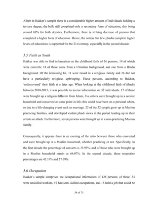 Albeit in Bakker’s sample there is a considerable higher amount of individuals holding a
tertiary degree, the bulk still completed only a secondary form of education, this being
around 69% for both decades. Furthermore, there is striking decrease of persons that
completed a higher form of education. Hence, the notion that few jihadis complete higher
levels of educations is supported for the 21st century, especially in the second decade.
5.5.Faith as Youth
Bakker was able to find information on the childhood faith of 56 persons, 19 of which
were converts; 18 of these came from a Christian background, and one from a Hindu
background. Of the remaining lot, 11 were raised in a religious family and 26 did not
have a particularly religious upbringing. These persons, according to Bakker,
‘rediscovered’ their faith at a later age. When looking at the childhood faith of jihadis
between 2010-2015, it was possible to accrue information on 52 individuals. 17 of these
were brought up a religion different from Islam, five others were brought up in a secular
household and converted at some point in life; this could have been on a personal whim,
or due to a life-changing event such as marriage. 23 of the 52 people grew up in Muslim
practicing families, and developed violent jihadi views in the period leading up to their
arrests or attack. Furthermore, seven persons were brought up in a non-practicing Muslim
family.
Consequently, it appears there is an evening of the ratio between those who converted
and were brought up in a Muslim household, whether practicing or not. Specifically, in
the first decade the percentage of converts is 33.93%, and of those who were brought up
in a Muslim household stands at 66.07%. In the second decade, these respective
percentages are 42.31% and 57.69%.
5.6.Occupation
Bakker’s sample comprises the occupational information of 126 persons; of these, 34
were unskilled workers, 19 had semi-skilled occupations, and 16 held a job that could be
! of !58 73
 