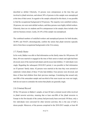 described as skilled. Ulteriorly, 14 persons were entrepreneurs at the time they got
involved in jihadi terrorism, and almost 30% of persons in this sample were unemployed
at the time of their arrest. In regards to the sample collected for this thesis, it was possible
to find the occupational background of 58 persons. The majority were unskilled workers,
20 persons, ten were semi-skilled workers, and three persons were highly skilled workers.
Ulteriorly, there are six students and five entrepreneurs in the sample; these include a bar
and two business owners. Lastly, 24.14% of this sample was unemployed.
The combined numbers of unskilled workers and unemployed persons for both decades,
56.98% and 58.62% chronologically, confirm the notion that jihadi terrorists typically
derive from these occupational backgrounds in the 21st century.
5.7.Family Status
In his work, Bakker was able to find information on the family status for 100 persons. Of
these, 60 were married or engaged at the time of their arrest or attack and eight had been
divorced; most of the married individuals and divorcees had children. 31 individuals were
single. Regarding the subsequent 2010-2015 period, it was possible to find information
on 55 persons’ family status. 42 persons were married at the time they were arrested or
undertook violent jihad; of these 19 also had children. Four persons were divorced, and
three of these had children from their previous marriage. Considering that around only
one-fifth of the antecedent sample and one-third of the most recent one were not single,
both do not seem to contradict the notion that jihadis are generally single.
5.8.Criminal Record
Of the 334 persons in Bakker’s sample, at least 68 had a criminal record while involved
in jihadi terrorist activities, meaning that at least one-fifth of the jihadi terrorists in
Europe in the first decade of the century had previously been convicted. Of these, only a
few individuals were convicted for other terrorist activities; this is the case of half a
dozen people. Moreover, of the persons comprised in the 2010-2015 sample, at least 40
! of !59 73
 