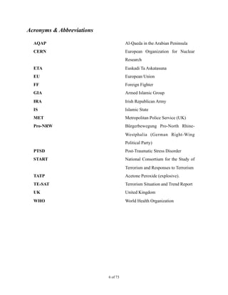 Acronyms & Abbreviations 
AQAP
CERN
ETA
EU
FF
GIA
IRA
IS
MET
Pro-NRW
PTSD
START
TATP
TE-SAT
UK
WHO
Al-Qaeda in the Arabian Peninsula
European Organization for Nuclear
Research
Euskadi Ta Askatasuna
European Union
Foreign Fighter
Armed Islamic Group
Irish Republican Army
Islamic State
Metropolitan Police Service (UK)
Bürgerbewegung Pro-North Rhine-
Westphalia (German Right-Wing
Political Party)
Post-Traumatic Stress Disorder
National Consortium for the Study of
Terrorism and Responses to Terrorism
Acetone Peroxide (explosive).
Terrorism Situation and Trend Report
United Kingdom
World Health Organization 
! of !6 73
 