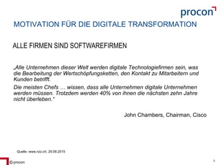 Blatt 3procon 3
MOTIVATION FÜR DIE DIGITALE TRANSFORMATION
„Alle Unternehmen dieser Welt werden digitale Technologiefirmen sein, was
die Bearbeitung der Wertschöpfungsketten, den Kontakt zu Mitarbeitern und
Kunden betrifft.
Die meisten Chefs … wissen, dass alle Unternehmen digitale Unternehmen
werden müssen. Trotzdem werden 40% von ihnen die nächsten zehn Jahre
nicht überleben.“
John Chambers, Chairman, Cisco
Quelle: www.nzz.ch; 29.08.2015
ALLE FIRMEN SIND SOFTWAREFIRMEN
 