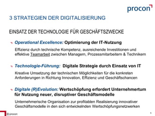 Blatt 5procon 5
3 STRATEGIEN DER DIGITALISIERUNG
Operational Excellence: Optimierung der IT-Nutzung
Effizienz durch technische Kompetenz, ausreichende Investitionen und
effektive Teamarbeit zwischen Managern, Prozessmitarbeitern & Technikern
Technologie-Führung: Digitale Strategie durch Einsatz von IT
Kreative Umsetzung der technischen Möglichkeiten für die konkreten
Anforderungen in Richtung Innovation, Effizienz und Geschäftschancen
Digitale (R)Evolution: Wertschöpfung erfordert Unternehmertum
für Nutzung neuer, disruptiver Geschäftsmodelle
Unternehmerische Organisation zur profitablen Realisierung innovativer
Geschäftsmodelle in den sich entwickelnden Wertschöpfungsnetzwerken
EINSATZ DER TECHNOLOGIE FÜR GESCHÄFTSZWECKE
 