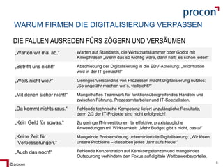 Blatt 6procon 6
WARUM FIRMEN DIE DIGITALISIERUNG VERPASSEN
Warten auf Standards, die Wirtschaftskammer oder Godot mit
Killerphrasen „Wenn das so wichtig wäre, dann hätt´ es schon jeder!“
Abschiebung der Digitalisierung in die EDV-Abteilung: „Information
wird in der IT gemacht!“
Geringes Verständnis von Prozessen macht Digitalisierung nutzlos:
„So ungefähr machen wir´s, vielleicht?“
Mangelhaftes Teamwork für funktionsübergreifendes Handeln und
zwischen Führung, Prozessmitarbeiter und IT-Spezialisten.
Fehlende technische Kompetenz liefert unzulängliche Resultate,
denn 2/3 der IT-Projekte sind nicht erfolgreich!
Zu geringe IT-Investitionen für effektive, praxistaugliche
Anwendungen mit Wirksamkeit: „Mehr Budget gibt´s nicht, basta!“
Mangelnde Problemlösung unterminiert die Digitalisierung: „Wir lösen
unsere Probleme – dieselben jedes Jahr aufs Neue!“
Fehlende Konzentration auf Kernkompetenzen und mangelndes
Outsourcing verhindern den Fokus auf digitale Wettbewerbsvorteile.
„Warten wir mal ab.“
„Betrifft uns nicht!“
„Weiß nicht wie?“
„Mit denen sicher nicht!“
„Da kommt nichts raus.“
„Kein Geld für sowas.“
„Keine Zeit für
Verbesserungen.“
„Auch das noch!“
DIE FAULEN AUSREDEN FÜRS ZÖGERN UND VERSÄUMEN
 