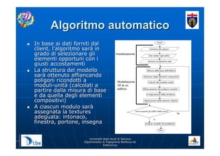 UniverstUniverstàà degli studi di Genovadegli studi di Genova
Dipartimento di Ingegneria Biofisica edDipartimento di Ingegneria Biofisica ed
ElettronicaElettronica
Algoritmo automaticoAlgoritmo automatico
In base ai dati forniti dalIn base ai dati forniti dal
client, lclient, l’’algoritmo saralgoritmo saràà inin
grado di selezionare gligrado di selezionare gli
elementi opportuni con ielementi opportuni con i
giusti accostamentigiusti accostamenti
La struttura del modelloLa struttura del modello
sarsaràà ottenuto affiancandoottenuto affiancando
poligoni ricondotti apoligoni ricondotti a
modulimoduli--unitunitàà (calcolati a(calcolati a
partire dalla misura di basepartire dalla misura di base
e da quella degli elementie da quella degli elementi
compositivi)compositivi)
A ciascun modulo sarA ciascun modulo saràà
assegnata la texturesassegnata la textures
adeguata: intonaco,adeguata: intonaco,
finestra, portone, insegnafinestra, portone, insegna
 