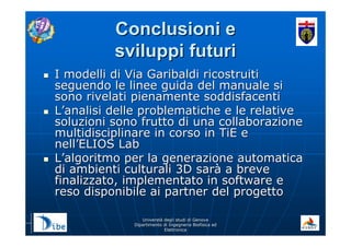 UniverstUniverstàà degli studi di Genovadegli studi di Genova
Dipartimento di Ingegneria Biofisica edDipartimento di Ingegneria Biofisica ed
ElettronicaElettronica
Conclusioni eConclusioni e
sviluppi futurisviluppi futuri
I modelli di Via Garibaldi ricostruitiI modelli di Via Garibaldi ricostruiti
seguendo le linee guida del manuale siseguendo le linee guida del manuale si
sono rivelati pienamente soddisfacentisono rivelati pienamente soddisfacenti
LL’’analisi delle problematiche e le relativeanalisi delle problematiche e le relative
soluzioni sono frutto di una collaborazionesoluzioni sono frutto di una collaborazione
multidisciplinare in corso in TiE emultidisciplinare in corso in TiE e
nellnell’’ELIOS LabELIOS Lab
LL’’algoritmo per la generazione automaticaalgoritmo per la generazione automatica
di ambienti culturali 3D sardi ambienti culturali 3D saràà a brevea breve
finalizzato, implementato in software efinalizzato, implementato in software e
reso disponibile ai partner del progettoreso disponibile ai partner del progetto
 