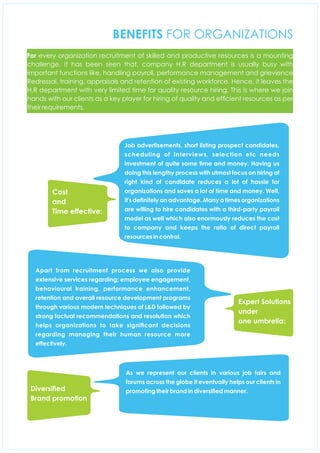 BENEFITS FOR ORGANIZATIONS
Apart from recruitment process we also provide
extensive services regarding; employee engagement,
behavioural training, performance enhancement,
retention and overall resource development programs
through various modern techniques of L&D followed by
strong factual recommendations and resolution which
helps organizations to take signicant decisions
regarding managing their human resource more
effectively.
As we represent our clients in various job fairs and
forums across the globe it eventually helps our clients in
promoting their brand in diversied manner.
Job advertisements, short listing prospect candidates,
scheduling of interviews, selection etc needs
investment of quite some time and money. Having us
doing this lengthy process with utmost focus on hiring of
right kind of candidate reduces a lot of hassle for
organizations and saves a lot of time and money. Well,
it's denitely an advantage. Many a times organizations
are willing to hire candidates with a third-party payroll
model as well which also enormously reduces the cost
to company and keeps the ratio of direct payroll
resources in control.
Cost
and
Time effective:
Diversied
Brand promotion
Expert Solutions
under
one umbrella:
For every organization recruitment of skilled and productive resources is a mounting
challenge. It has been seen that, company H.R department is usually busy with
important functions like, handling payroll, performance management and grievience
Redressal, training, appraisals and retention of existing workforce. Hence, it leaves the
H.R department with very limited time for quality resource hiring. This is where we join
hands with our clients as a key player for hiring of quality and efcient resources as per
their requirements.
 