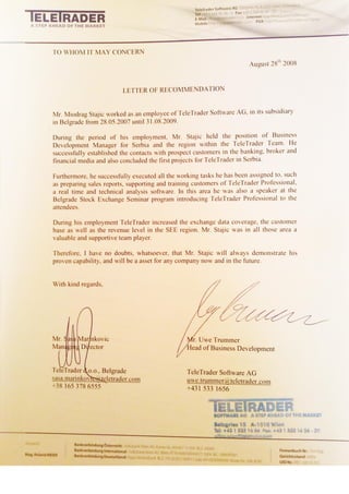 Letter of Recommendation - TeleTrader Software AG