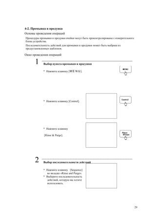 4-2. Промывка и продувка
Основы проведения операций
Процедуры промывки и продувки ячейки могут быть проконтролированы с измерительного
блока устройства.
Последовательность действий для промывки и продувки может быть выбрана из
предустановленных шаблонов.
Окно проведения операций
1 Выбор пункта промывки и просушки
* Нажмите клавишу [ＭＥＮＵ].
* Нажмите клавишу [Control].
* Нажмите клавишу
[Rinse & Purge].
2 Выбор последовательности действий
* Нажмите клавишу [Sequence]
во вкладке «Rinse and Purge».
* Выберите последовательность
действий, которую вы хотите
использовать.
29
 