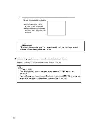 3
Начало промывки и продувки.
* Нажмите клавишу EX во
вкладке «Rinse and Purge».
* Промывка и продувка ячейки
начнутся сразу после нажатия
клавиши.
Примечание
Чтобы активировать продувку и промывку, следует предварительно
выбрать податчик пробы. (см. 3-1-1)
Промывка и продувка измерительной ячейки автоподатчиком.
Нажмите клавишу [PUMP] на измерительном блоке устройства.
Примечание
При неверной установке параметров клавиша [PUMP] может не
работать.
При выборе режима автослива Drain:Auto клавиша [PUMP] активирует
процедуру на время, настроенное для режима Drain:On.
30
 