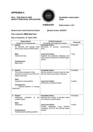 APPENDIX 4
GC3 – THE HEALTH AND Candidate’s observation
SAFETY PRACTICAL APPLICATION sheet
Sheet number: 3 of 9
Student name: Harith Daniel bin Shahir _Student number: 00332071
Place inspected: MMHE West Yard
Date of inspection: 12 / April / 2016
Observations
Hazards and consequences
Control measures
Immediate and longer term actions
Timescale
7) Hazard:
No barricade and signage while
work is done at the confined space.
Risk:
Fall into the hole.
Consequence:
Major injury
Immediate Action:
Barricades to prevent unauthorized
entry.
Long Term Action:
Separate the pedestrian walkaways and
close supervise about the confined space
activity.
Immediate.
1 day.
8) Hazard:
The workers exposed to high
frequency of noise source from the
heavy machinery.
Risk:
Exposed to noise pollution.
Consequence:
Hearing problems i.e hearing
impairment
Immediate Action:
Ask the workers to avoid to stay too near
with the noise source when necessary.
Long Term Action:
Shift works or frequent breaks
Immediate
2 weeks.
9) Hazard:
Inadequate ventilation at the
confined space
Risk:
Suffocation
Consequence:
Fatality,fainted,breathing problem.
Immediate Action:
Resticted the number of activities inside
the constrant confined space.
Long Term Action:
Provide adeqquate Local Exhaust
Ventilation (LEV) for the confined space
workers.
Immediate.
1month
 